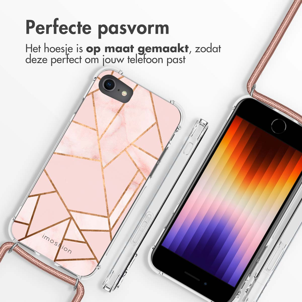 Twee telefoons in hoesjes. Eén telefoon heeft een roze en gouden hoes, de andere staat op een witte achtergrond.
