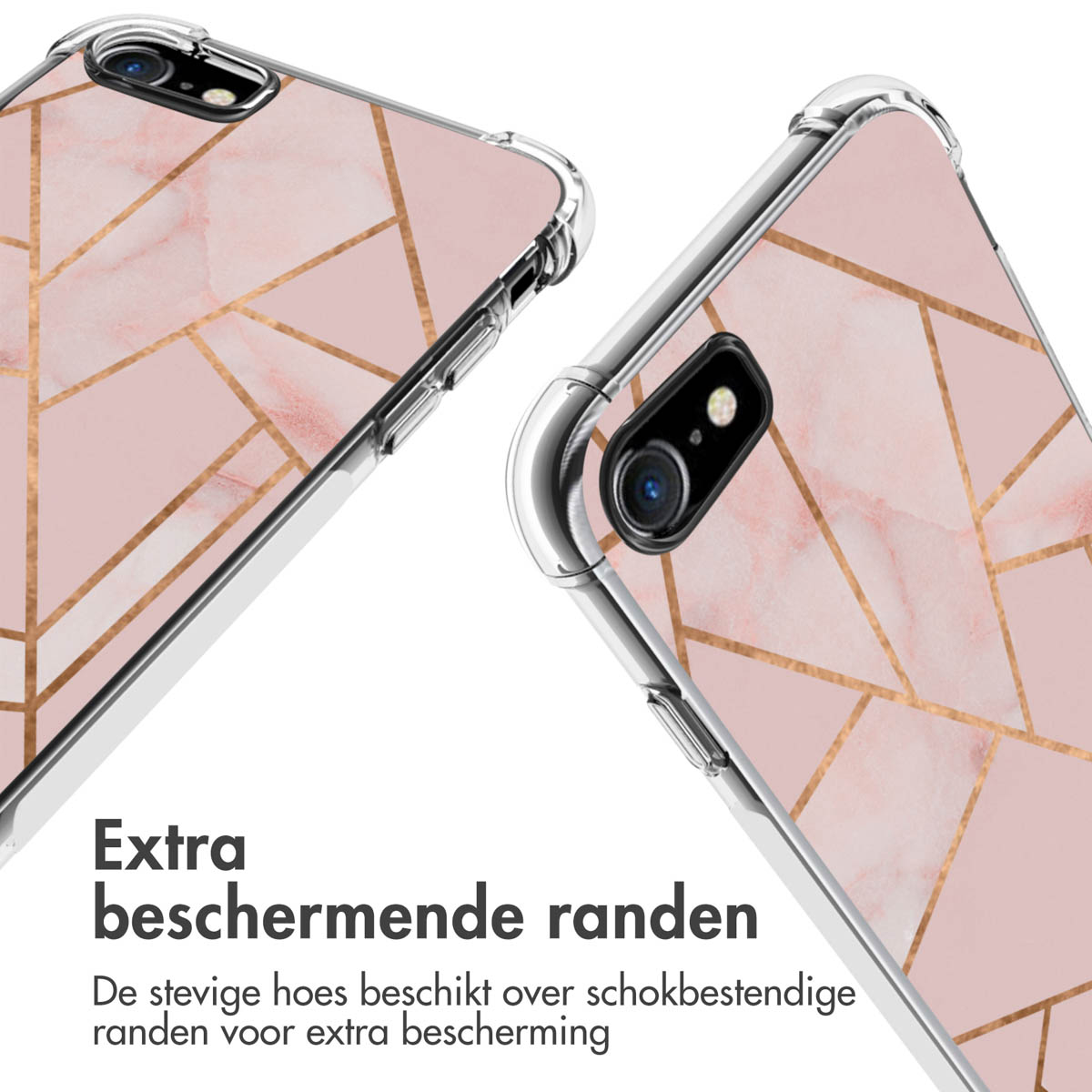 Twee telefoonhoesjes, roze marmerpatroon met gouden lijnen, extra beschermende randen, transparante zijkanten.