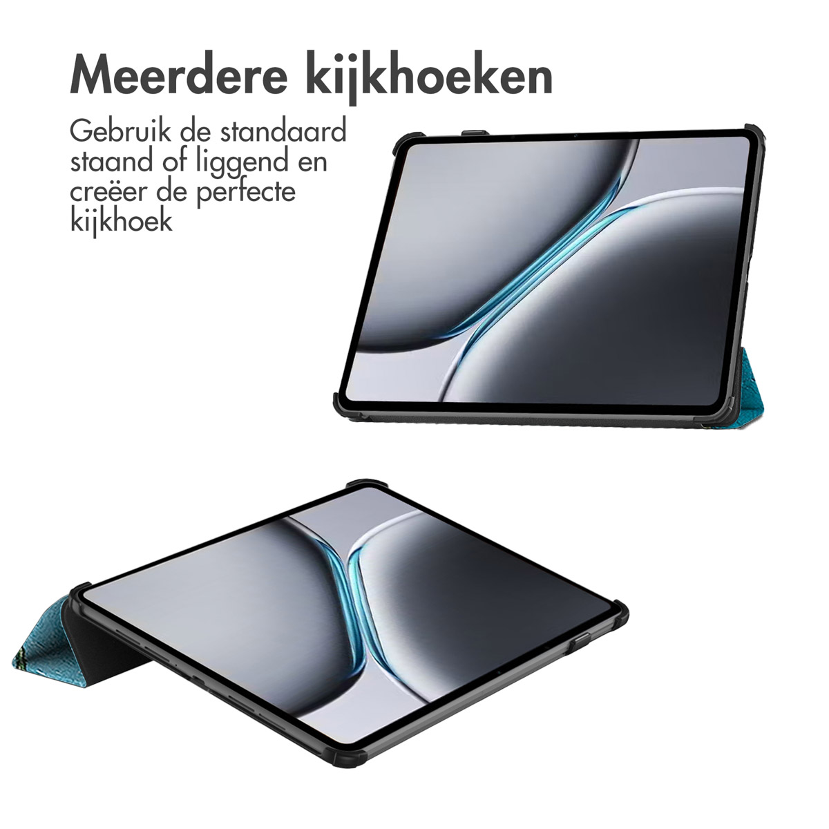 Two tablets in cases, one open to display a screen, the other closed. White background.