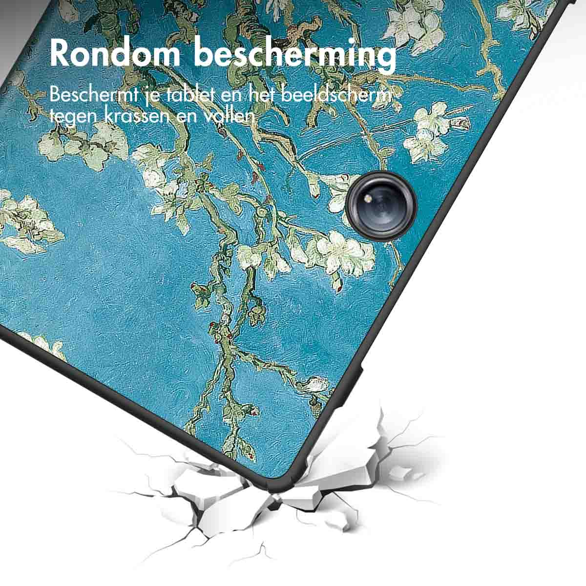 Tablet case with a floral design, corner broken, cracking ground. Text says 'Rondom bescherming'.
