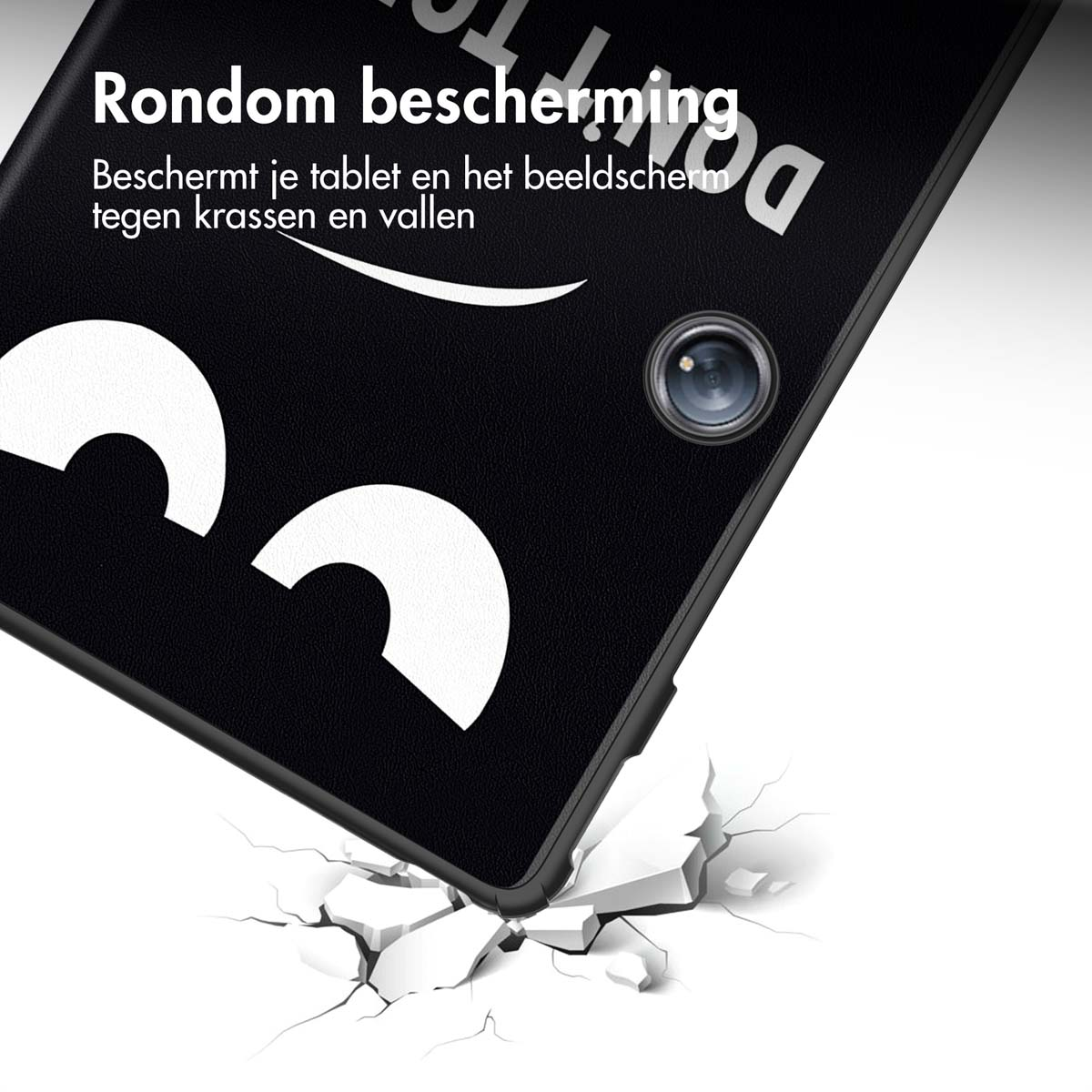 Black phone case on a white surface. The case has a camera and cracked ground.