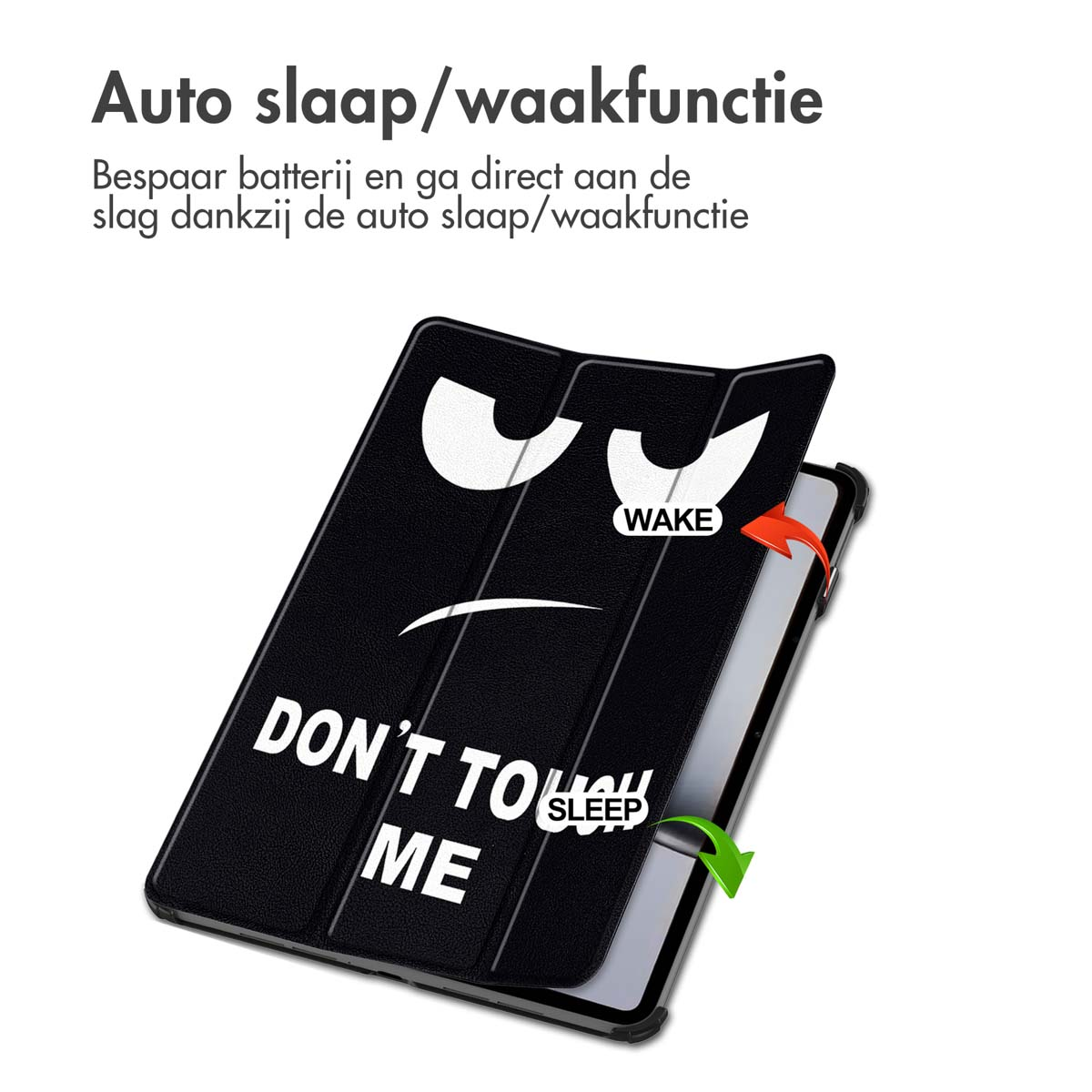 Black phone case with a cartoon face and text, partially opened, revealing the phone, white background.