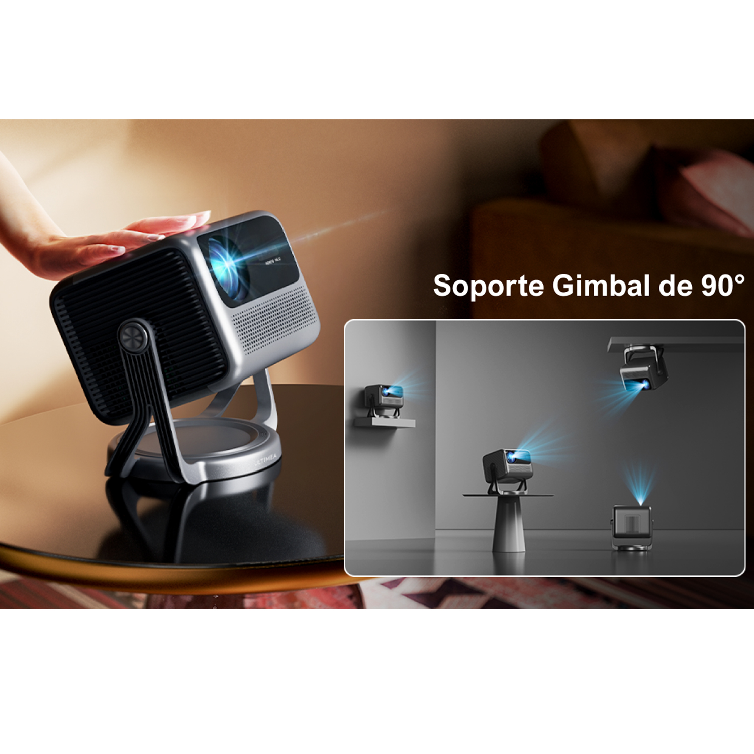 Un proyector sobre una mesa y en otros entornos. Muestra el haz de luz, texto: Soporte Gimbal de 90°.