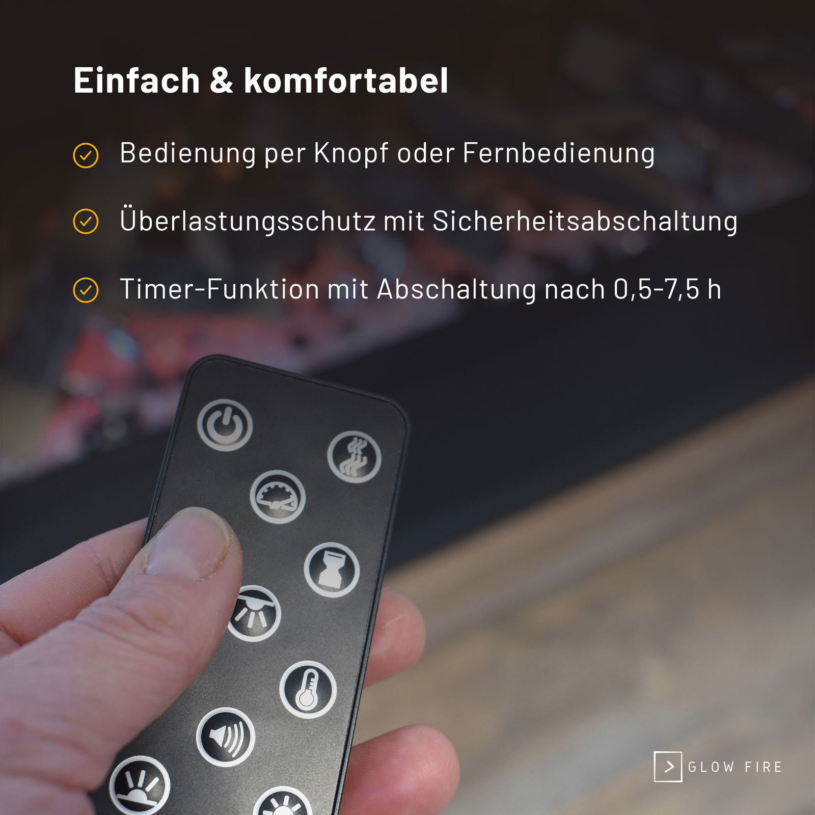 Eine Hand, die eine Fernbedienung hält und einfache und komfortable Funktionen zeigt.