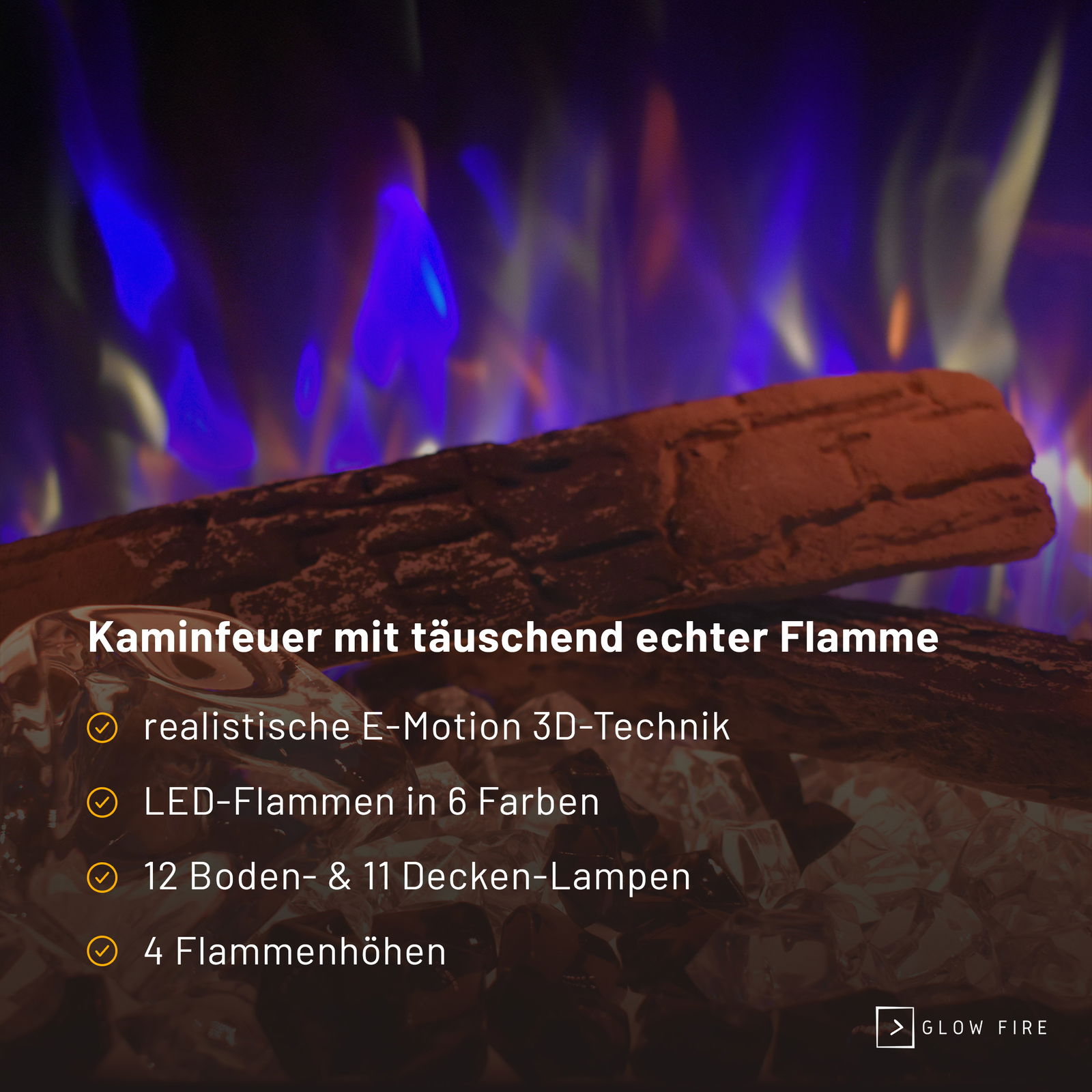 Werbeanzeige für Kamin mit Holz, blauen Flammen und Text. Merkmale sind LED-Flammen und Höhenoptionen.