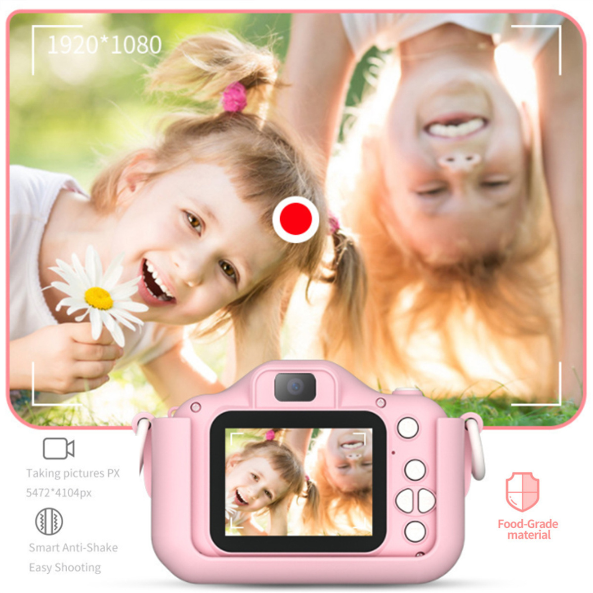 Eine rosa Kinderkamera mit zwei Mädchen auf dem Bildschirm und einem Mädchen kopfüber im Hintergrund.