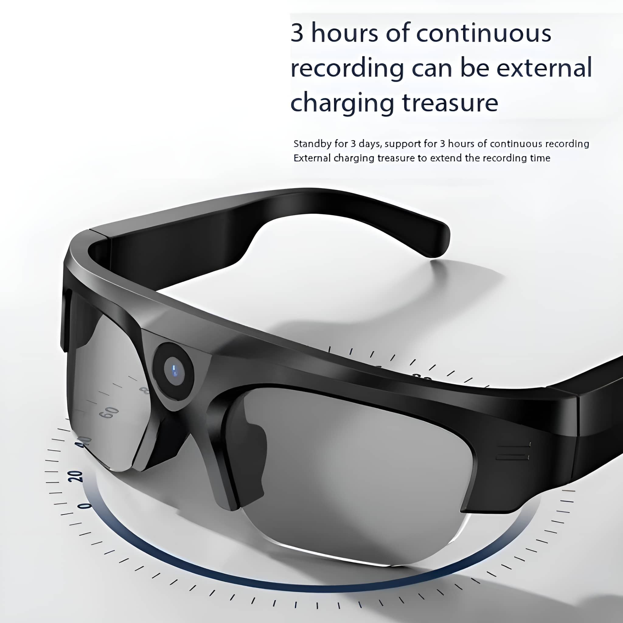 Schwarze Smart-Brille mit Kamera, zeigt Winkelmarkierungen rundherum.