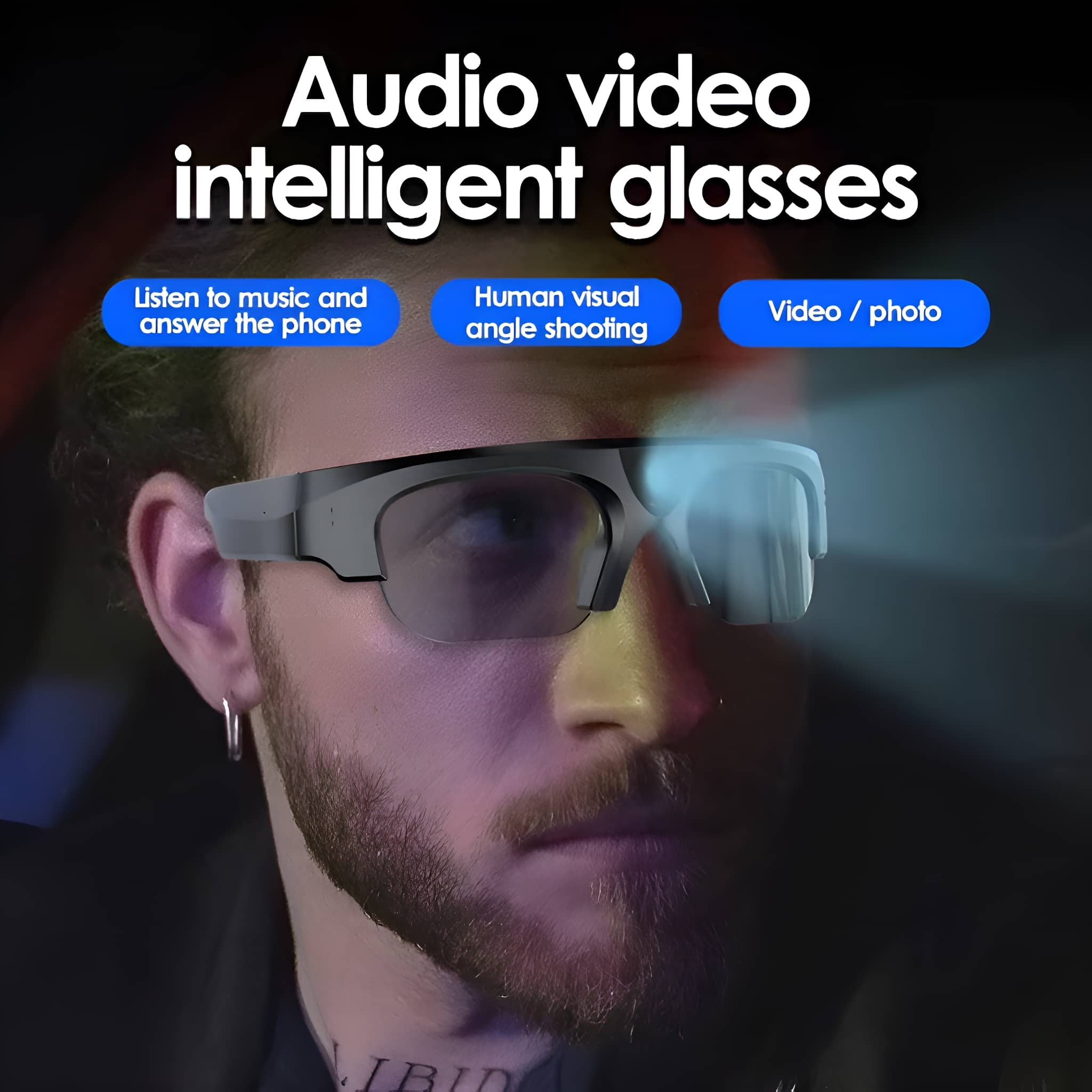 Ein Mann, der Audio-Video-Intelligenzbrillen trägt, mit den in Blau aufgeführten Funktionen.