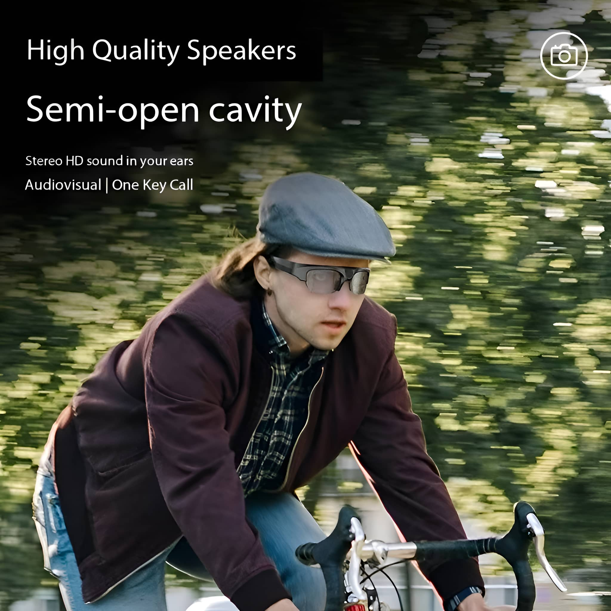 Ein Mann fährt Fahrrad, trägt Brille, mit Text über hochwertige Lautsprecher und Semi-Open-Cavity.