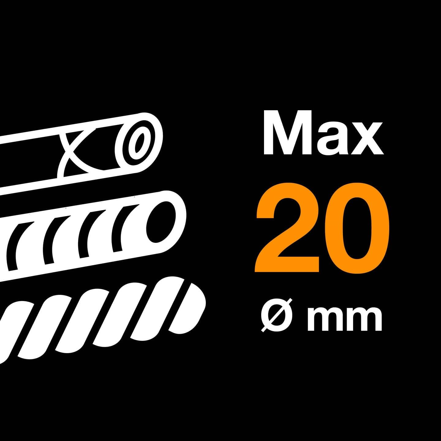Diagramm mit Rohren und Text. Max: 20 mm, auf schwarzem Hintergrund.
