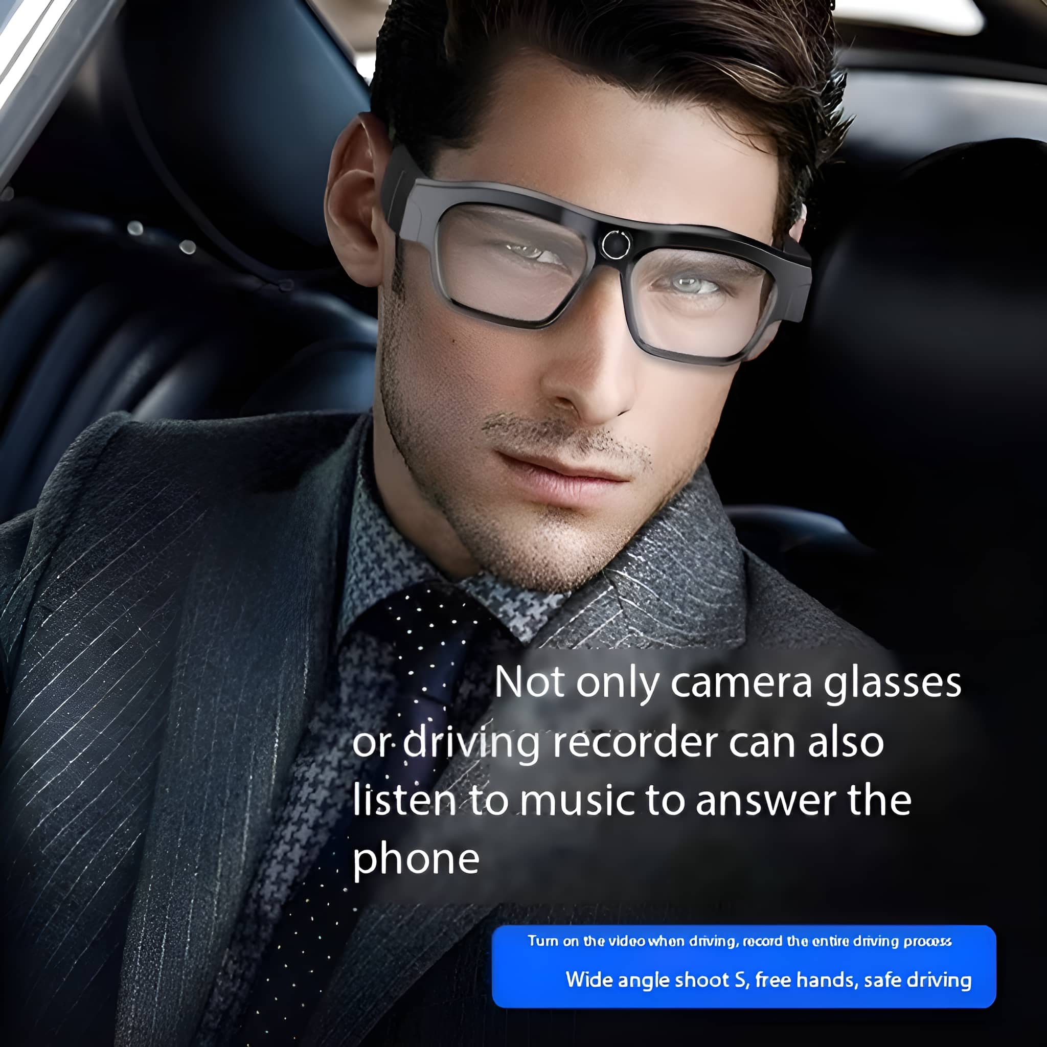 Mann mit Brille. Text besagt, dass es sich um Kamerabrillen, Rekorder handelt und Anrufe beantworten kann.