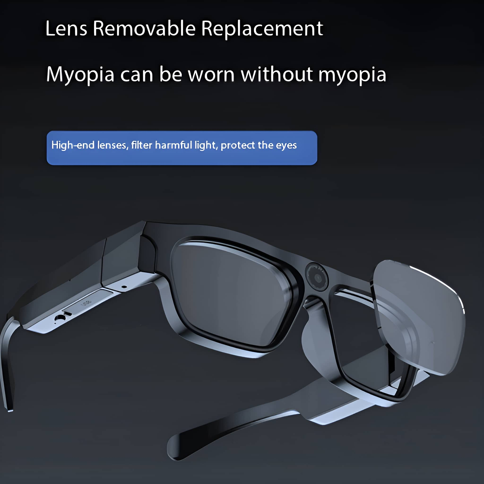 Schwarze Smart-Brille mit abnehmbaren Gläsern. Text über Myopie-Korrektur und Filterschutz sichtbar.