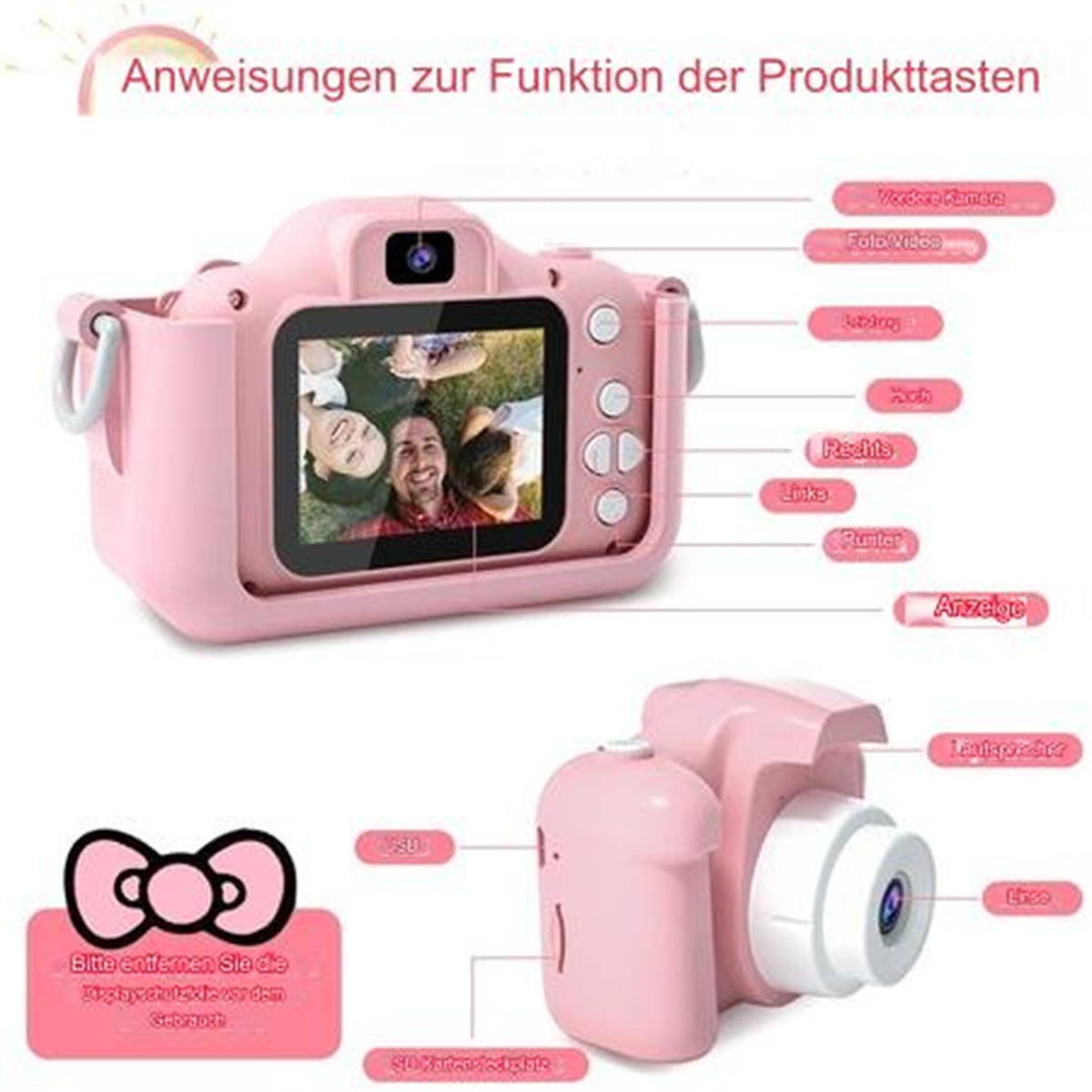 Eine rosa Kinderkamera mit Knöpfen und einem Bild auf dem Bildschirm, mit Diagrammen.