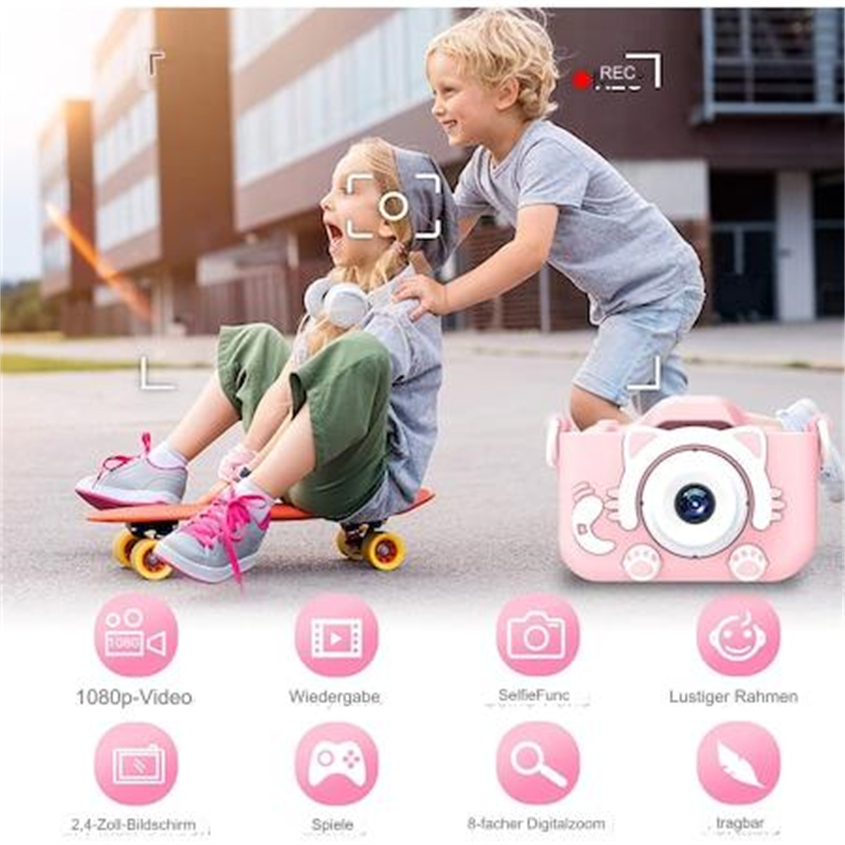 Zwei Kinder mit einer rosa katzenförmigen Kamera, Skateboard und Symbolen wie Video, Wiedergabe usw.