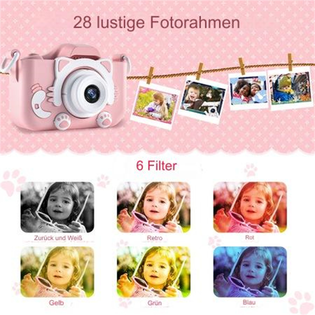 Rosa Spielzeugkamera mit Fotos. 6 Filter, Katzen-Gesicht, fröhliches Kind.