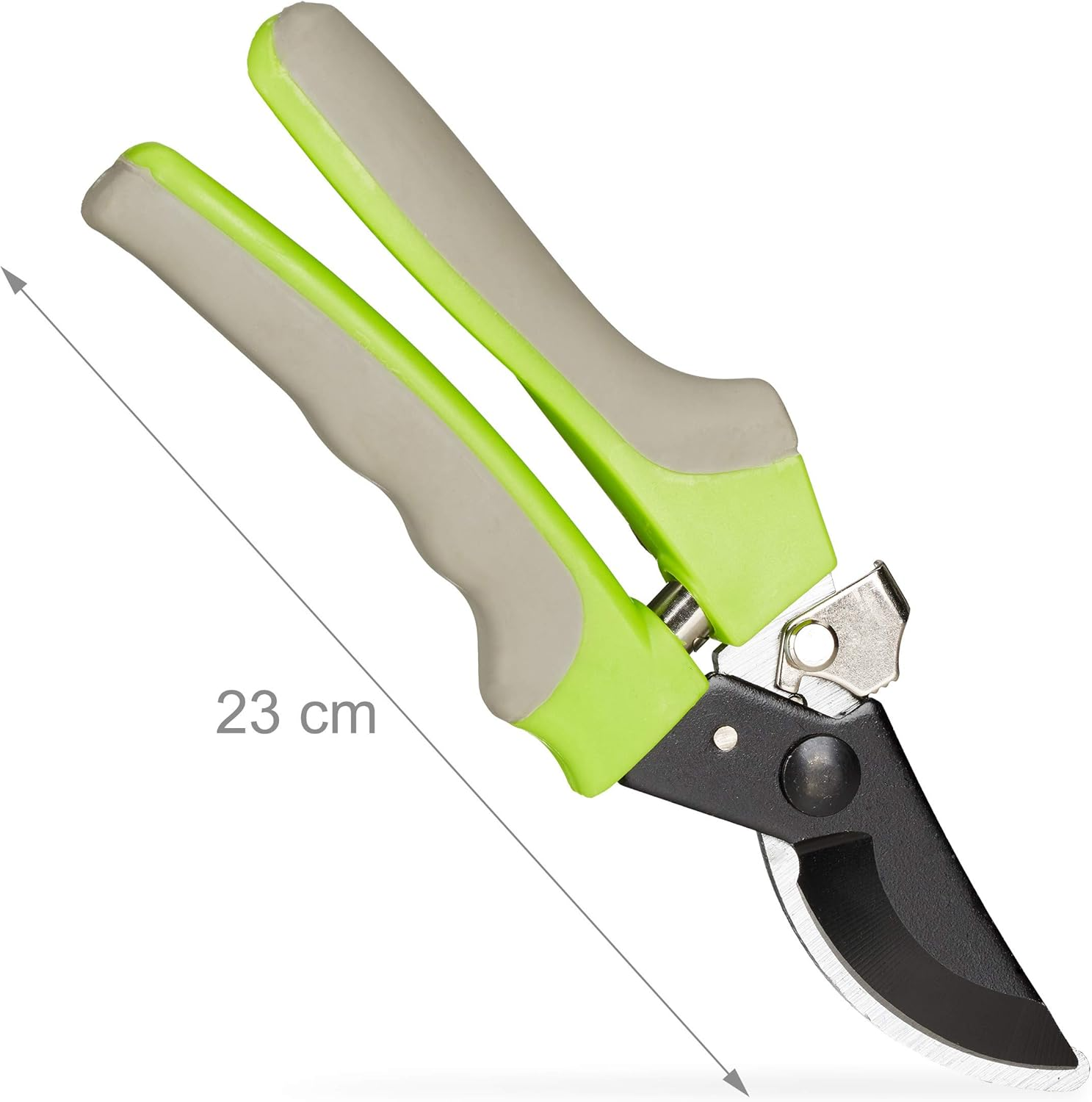 Grüne und graue Gartenschere mit schwarzer Klinge, Abmessung 23 cm.