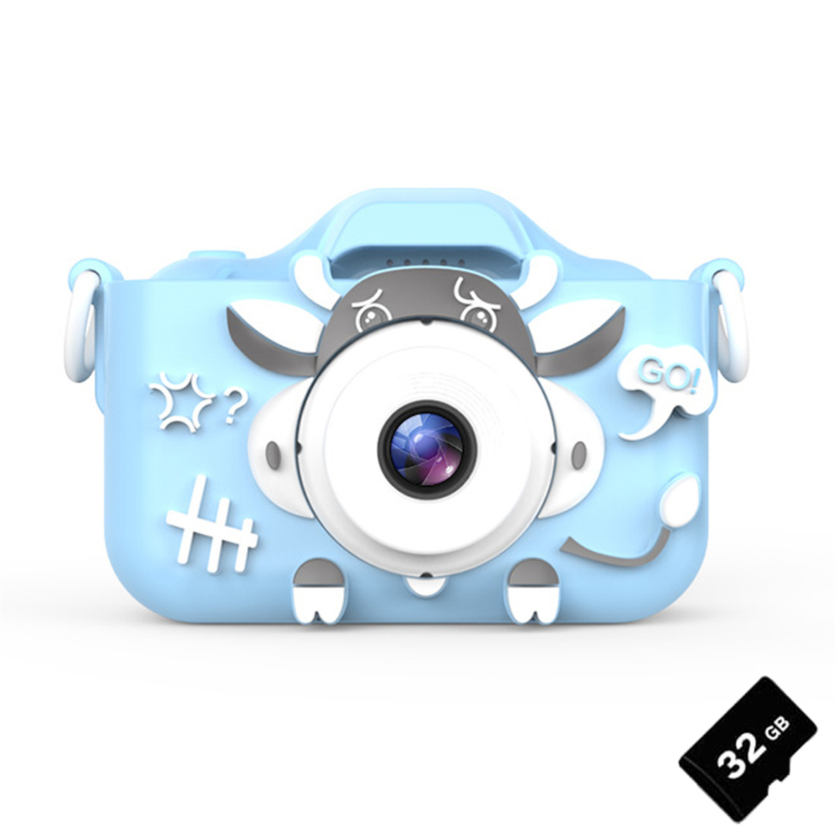 Blaue Kamera in Kuhform für Kinder mit 32GB SD-Karte. Es hat ein Cartoon-Design.