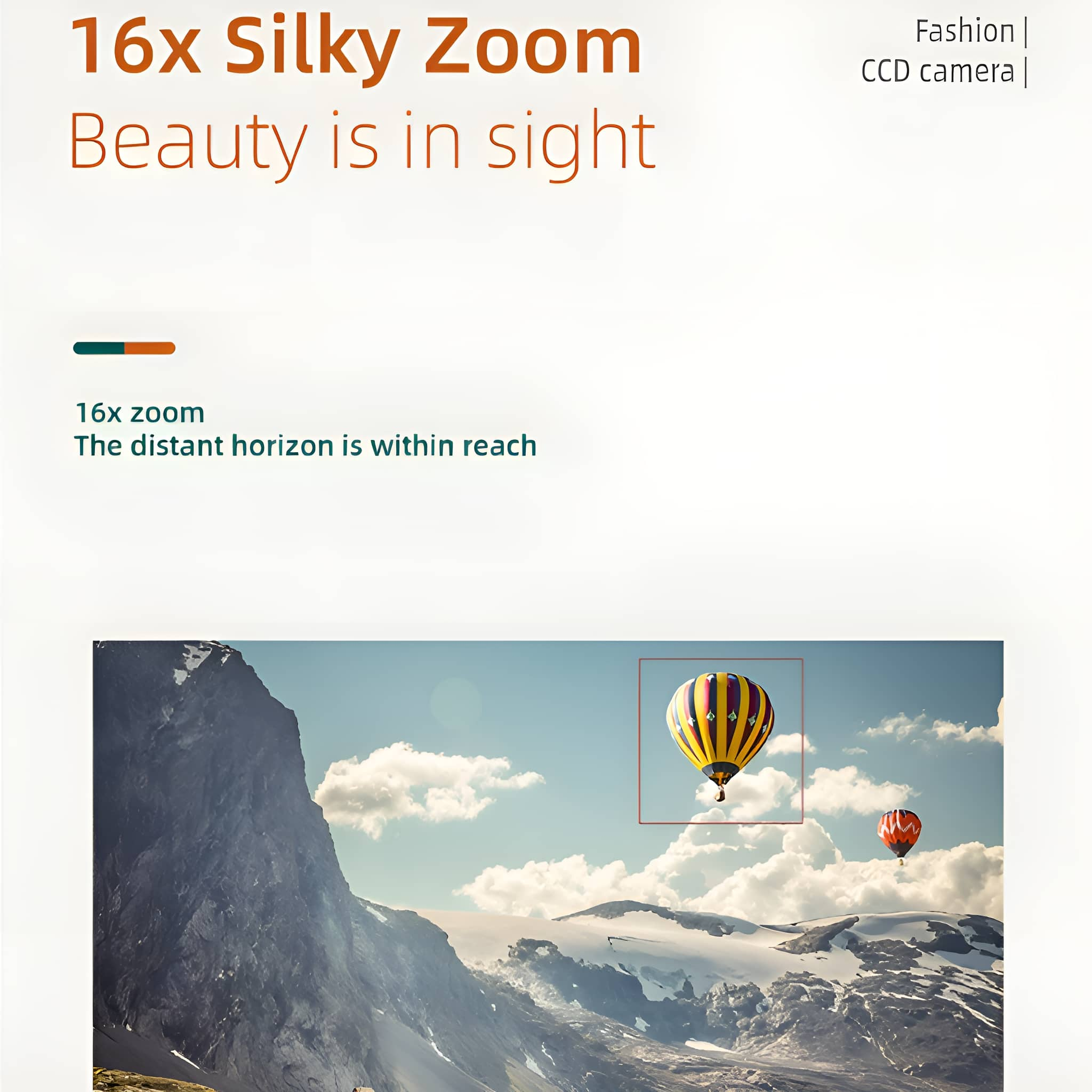 Eine malerische Aussicht auf Berge mit zwei Heißluftballons. Der Text lautet '16x Silky Zoom' und 'Beauty is in sight'.