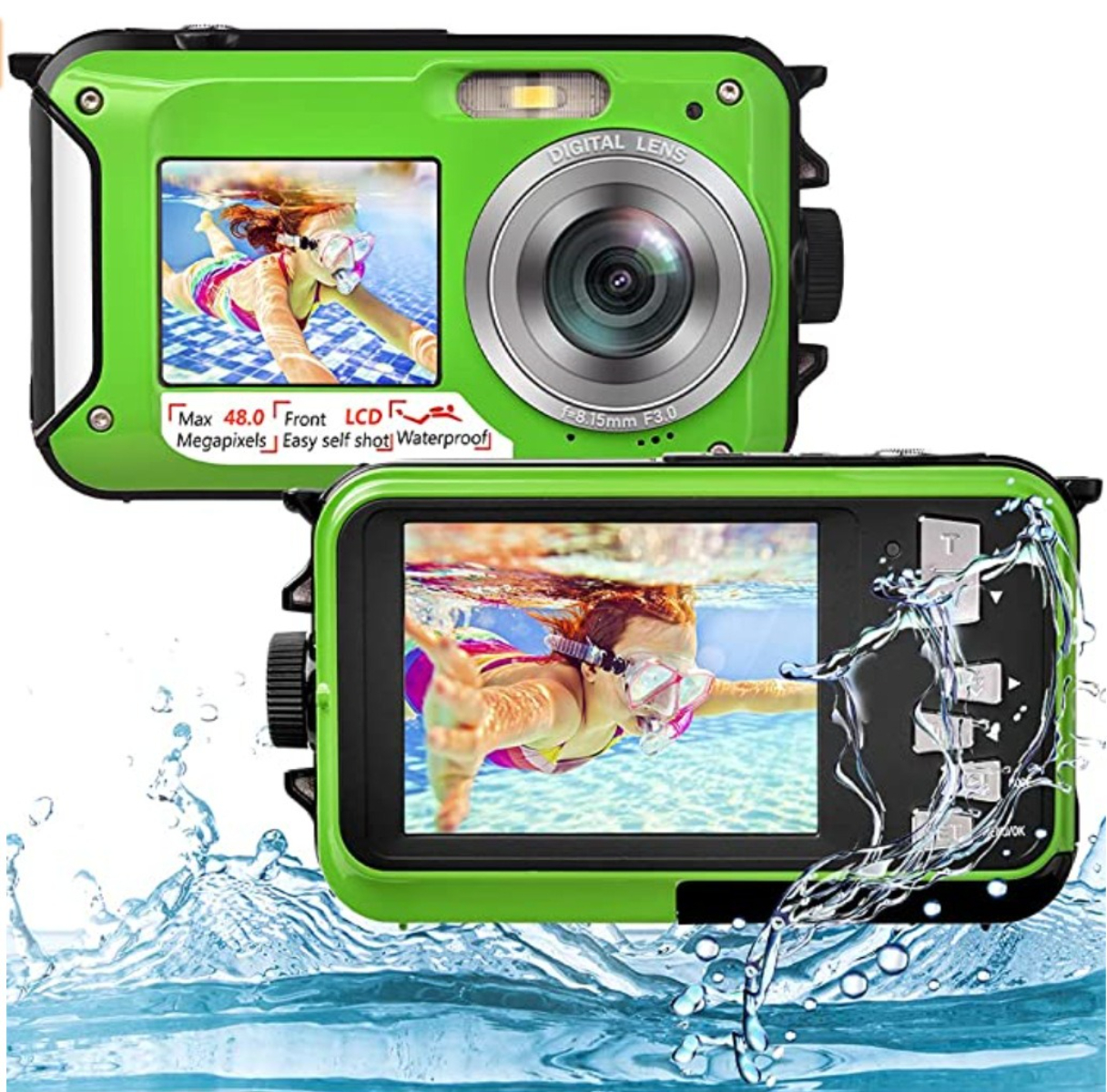 Grüne wasserdichte Kamera, zwei Ansichten, zeigt Person unter Wasser.