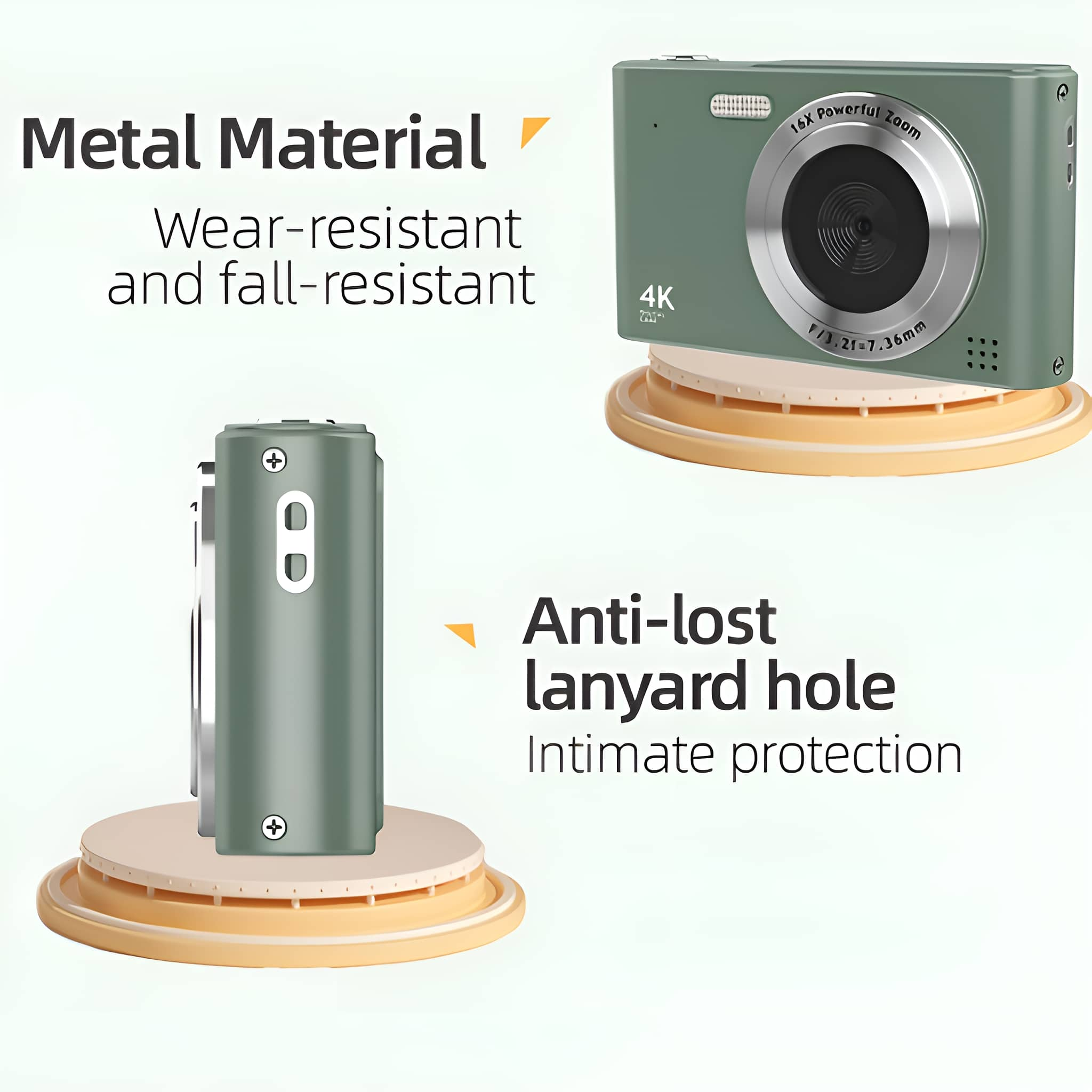 Grüne Kamera mit silbernem Objektiv auf hellbraunem Ständer. Text: Metallmaterial.