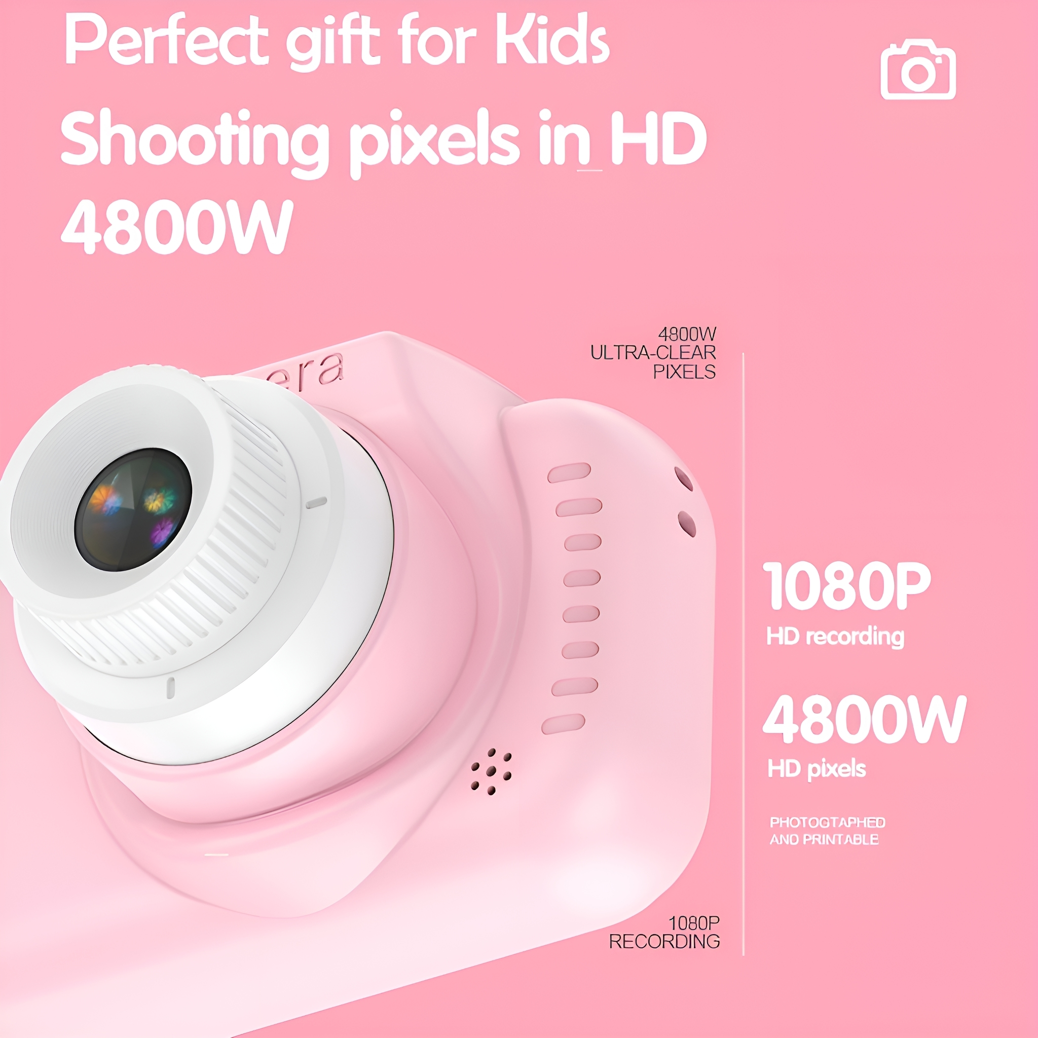 Rosa Kinderkamera mit großem Objektiv, Text darauf.
