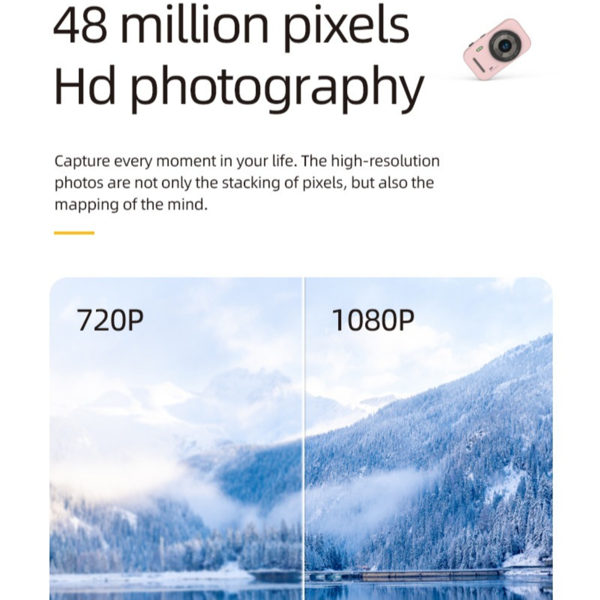 Rosa Kamera mit Text: 48 Millionen Pixel, HD-Fotografie. Zwei Bilder: 720P und 1080P Landschaft.