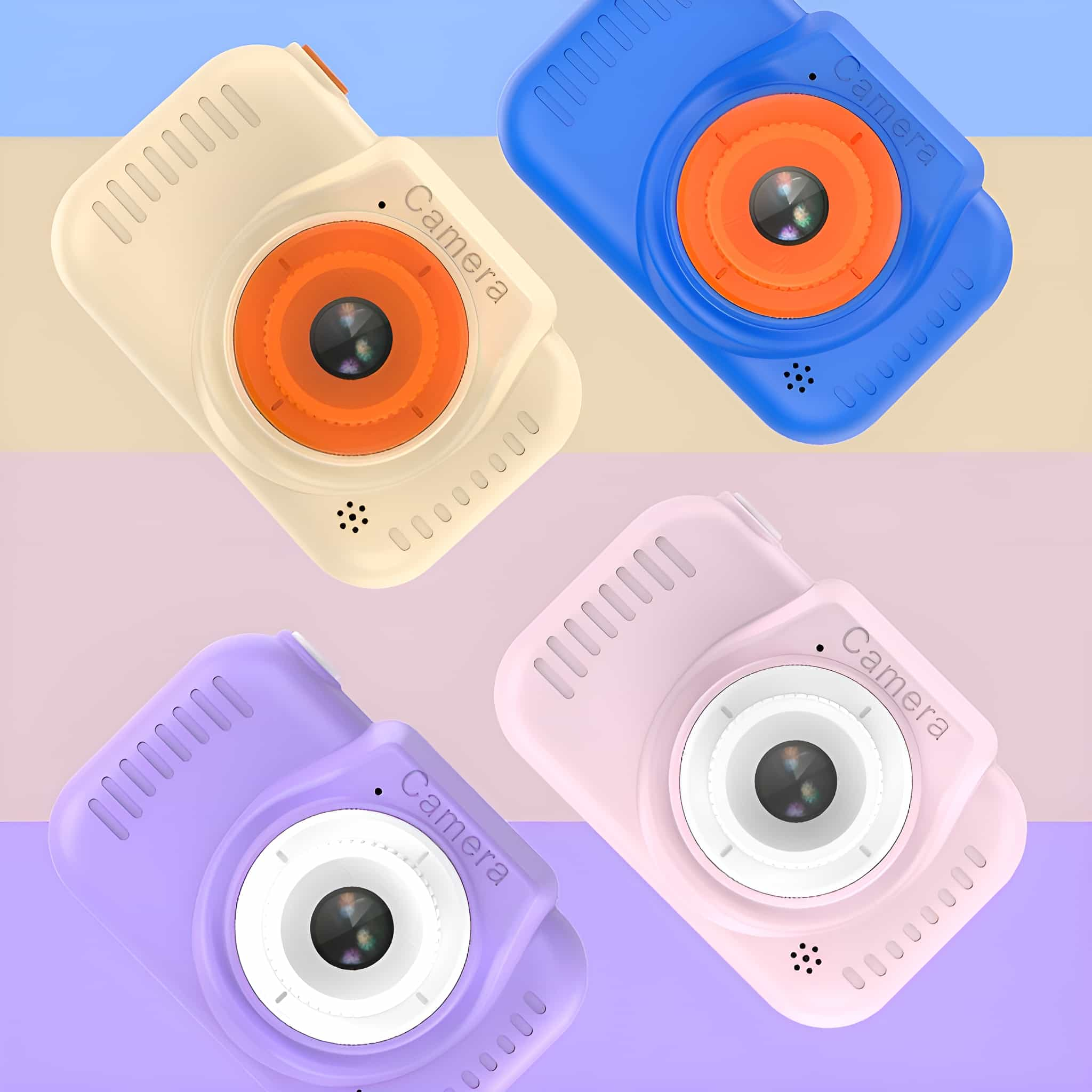 Vier bunte Spielzeugkameras: creme, blau, lila und rosa, jede mit einem Objektiv.