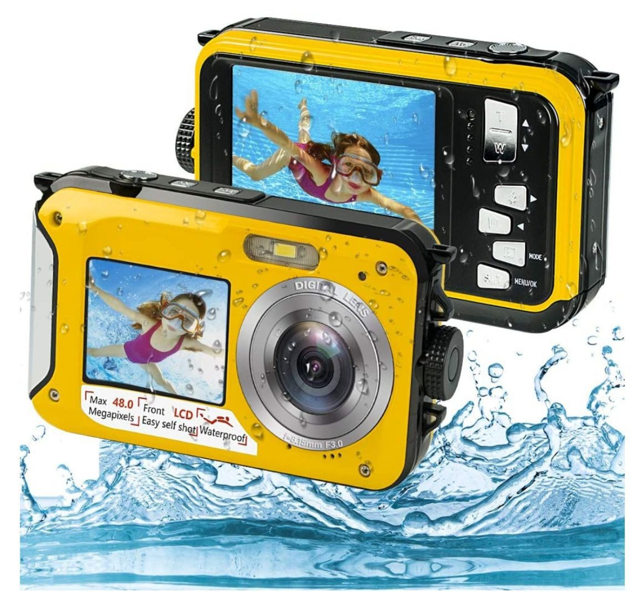 Zwei gelbe wasserdichte Kameras. Eine unter Wasser, die ein schwimmendes Mädchen zeigt.