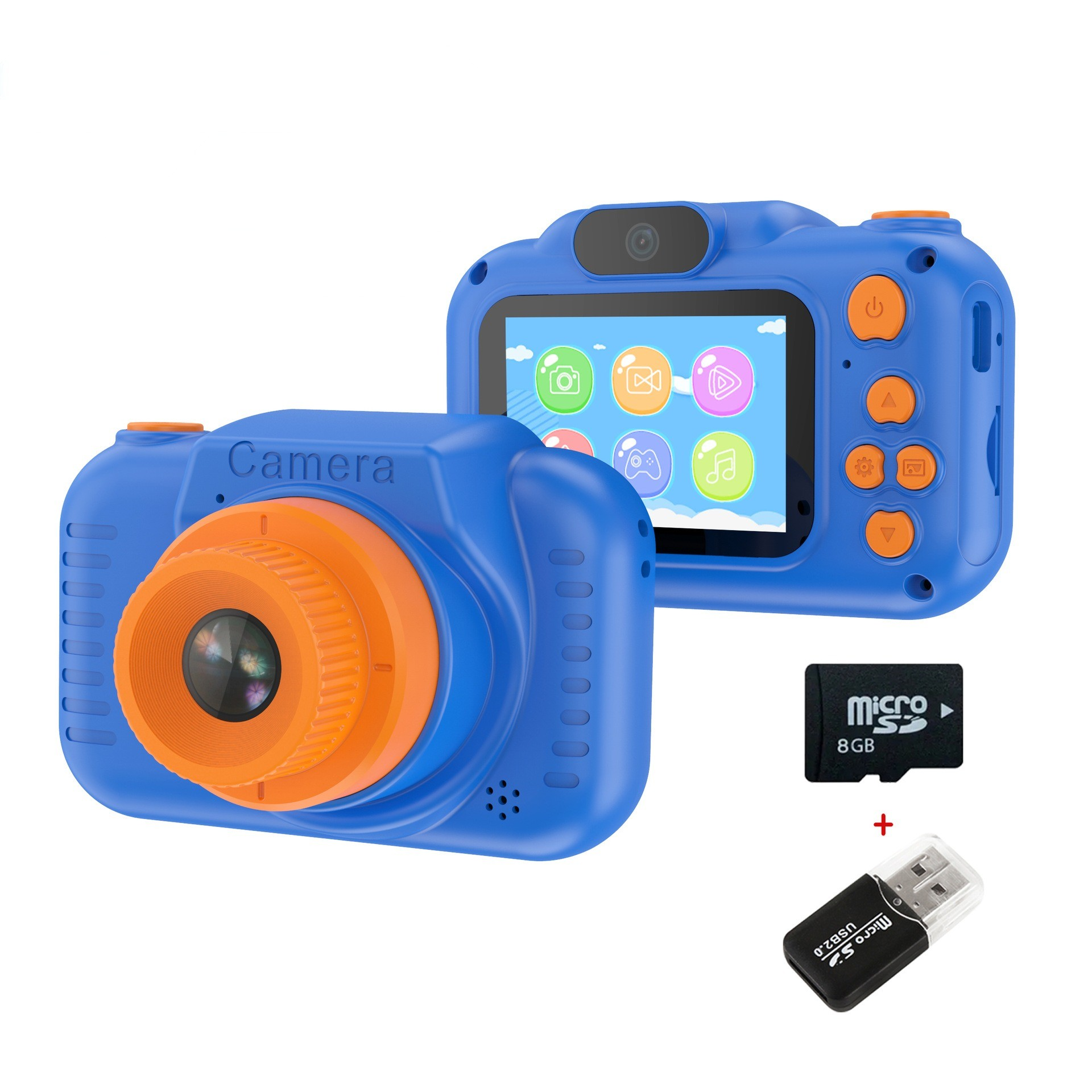 Blaue Kinderkamera mit orangefarbener Linse und Knöpfen. Inklusive SD-Karte und USB-Adapter. Weißer Hintergrund.