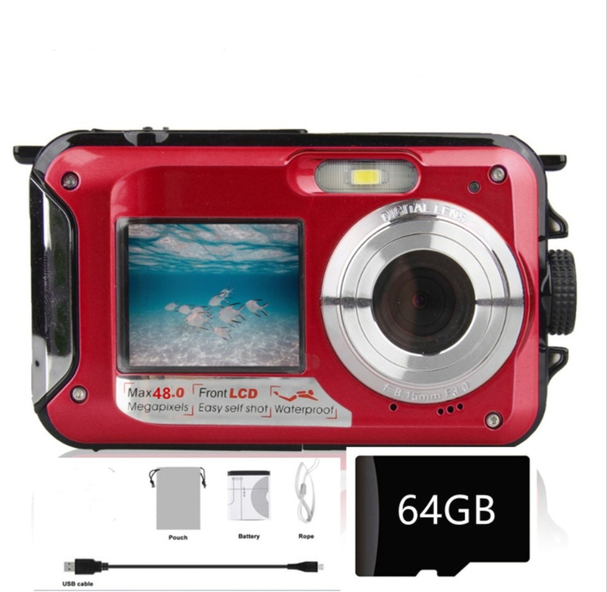 Eine rote Unterwasser-Digitalkamera mit Zubehör: Tasche, Akku, Seil und 64GB SD-Karte.