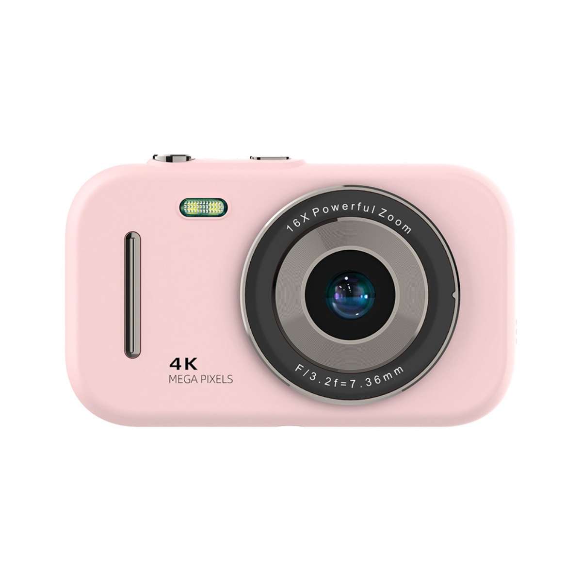 Eine rosa Digitalkamera mit Objektiv und Knöpfen. Es steht '4K MEGA PIXELS' darauf.