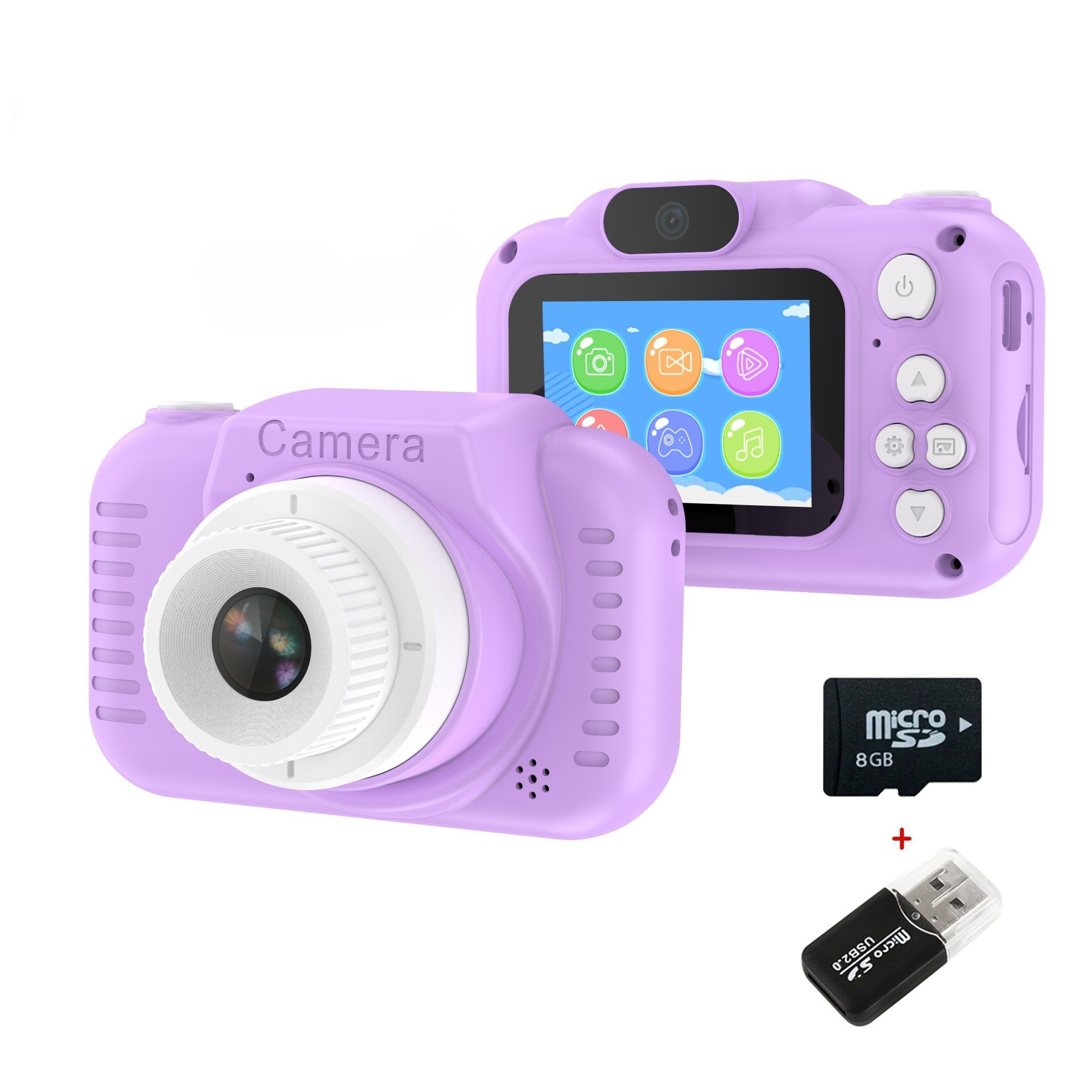 Lila Kinderkamera mit SD-Karte und USB-Adapter.