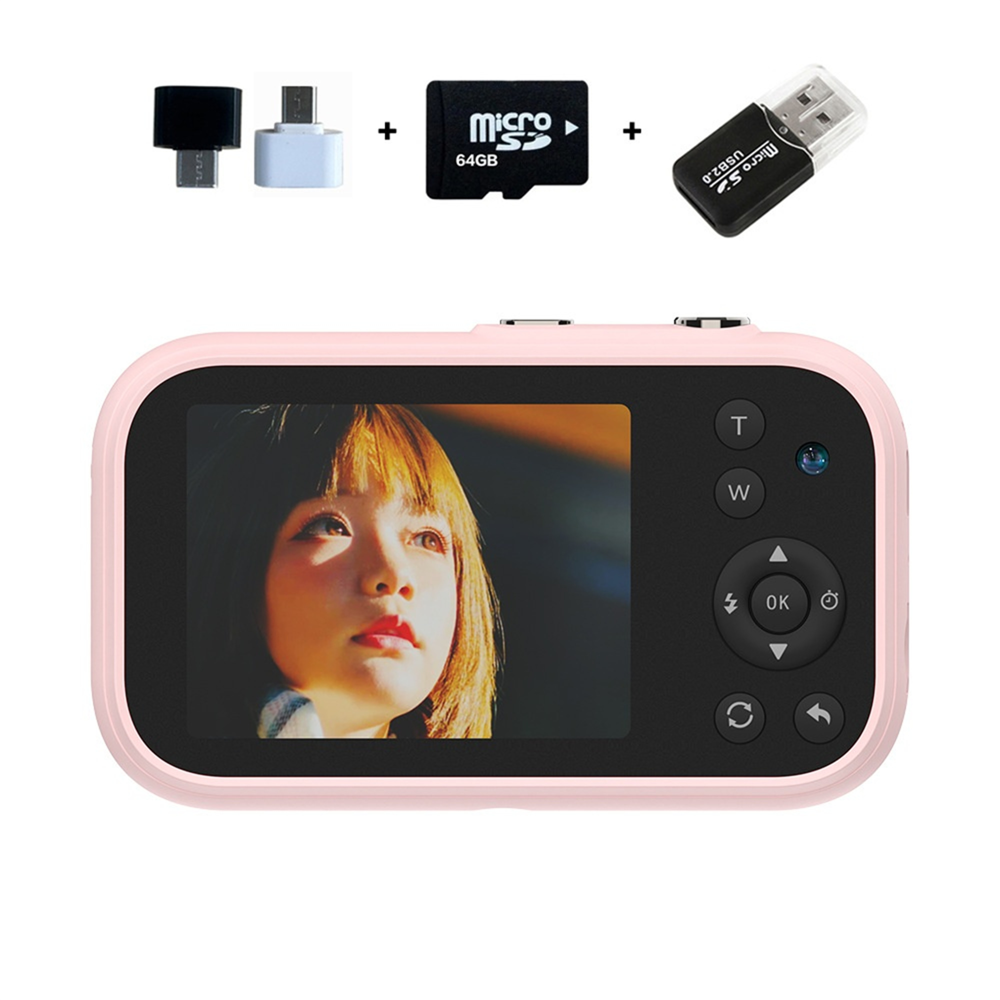 Rosa Digitalkamera mit Zubehör: Adaptern, SD-Karte und USB.