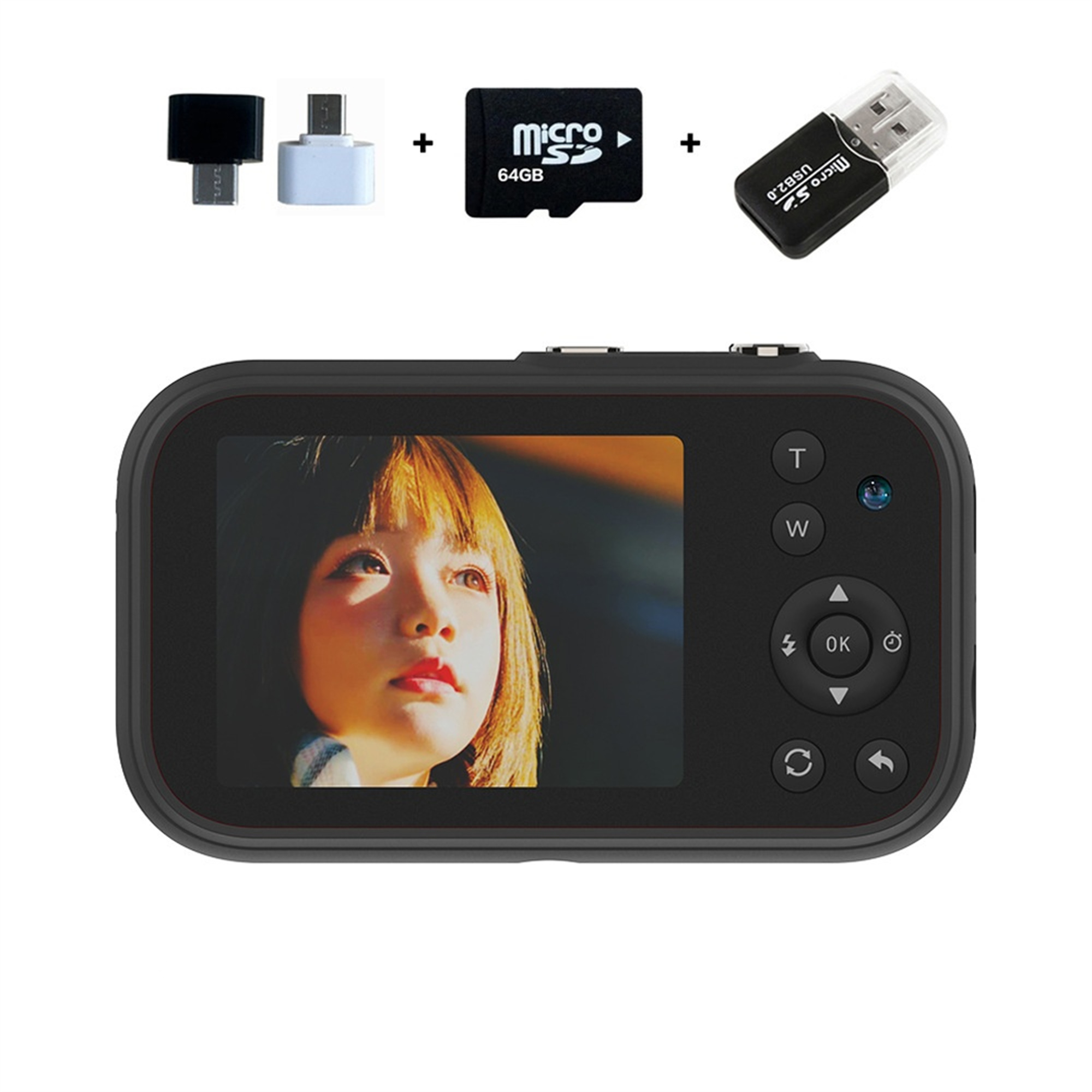 Schwarze Digitalkamera zeigt Porträt einer Frau, mit Zubehör: Adapter, SD-Karte und USB-Stick.