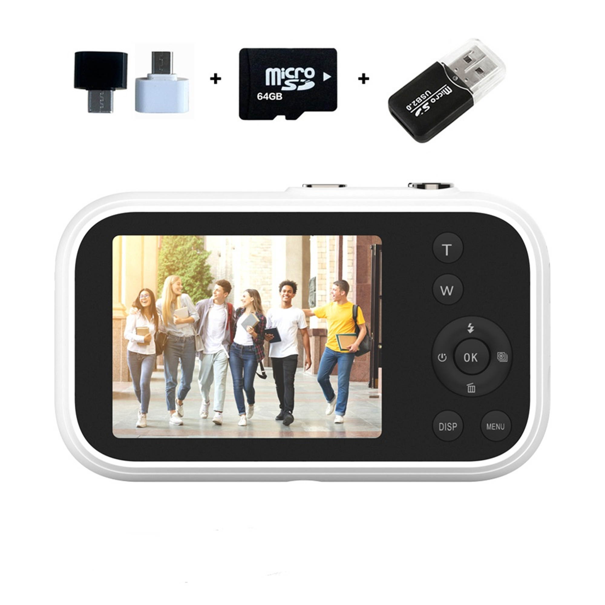 Kamera mit Bildschirm, der Leute beim Gehen zeigt. Zubehör: USB-Adapter, 64-GB-SD-Karte und USB-Laufwerk.
