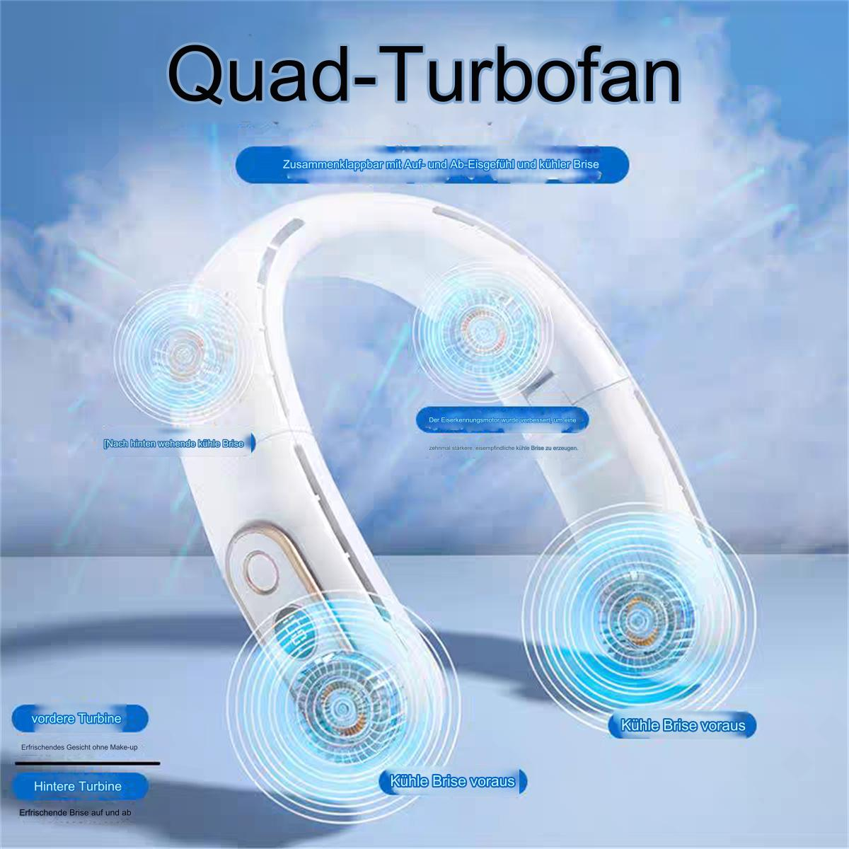 Weißer Nackenventilator mit blauen Akzenten. Das Produkt hat vier Turbinen und blaue Lichteffekte.