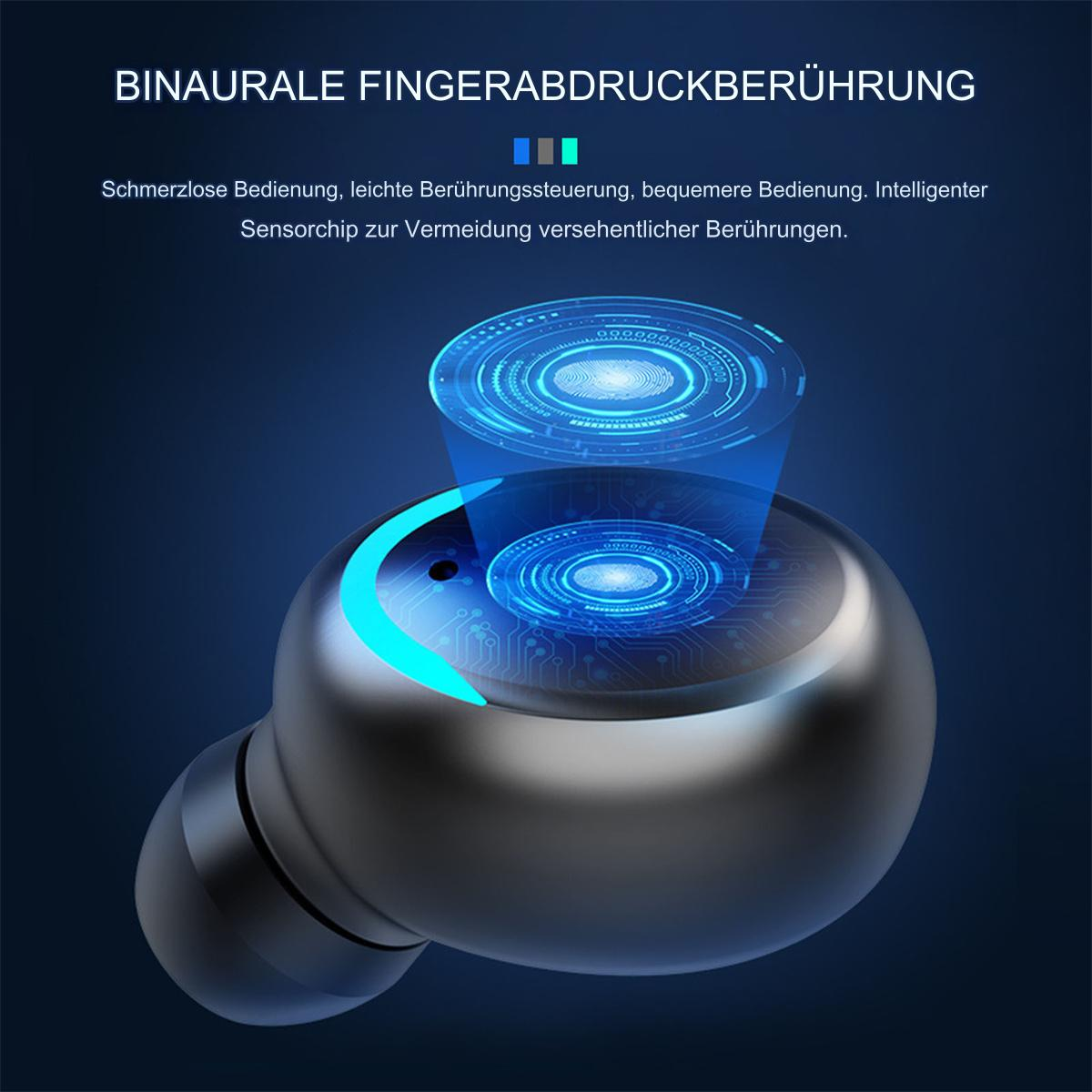 Ohrhörer mit Fingerabdruck-Touch-Funktion. Digitalanzeige wird angezeigt. Blaues Licht zeigt die Nutzung an.