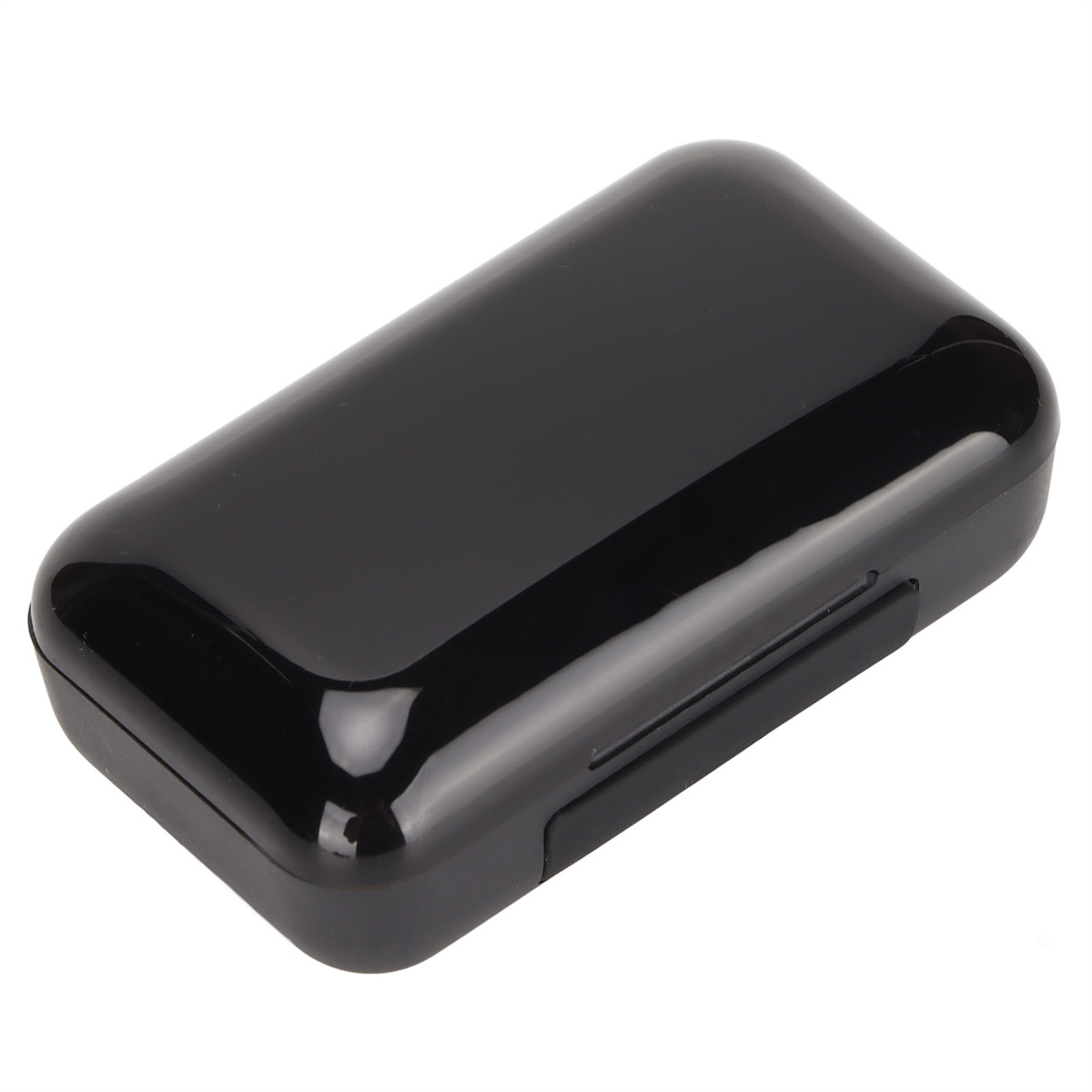 Ein schwarzes, glänzendes, rechteckiges Etui. Es scheint für Ohrhörer zu sein.