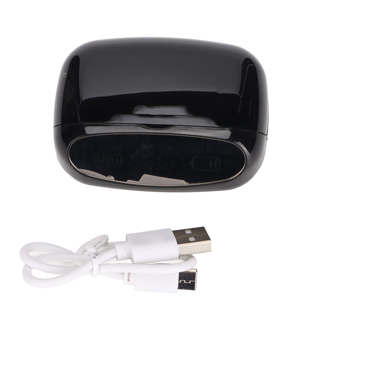 Schwarzes Ladecase mit Ohrhörern und USB-Kabel.