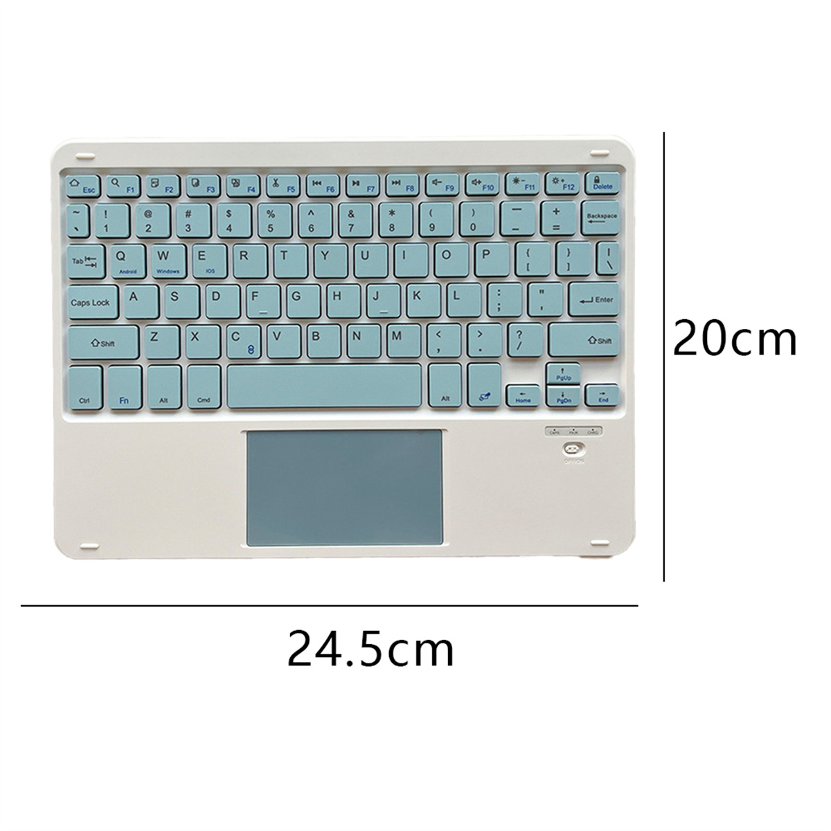 Eine weiße Tastatur mit blauem Touchpad und Tasten. Sie misst 24,5 cm x 20 cm.