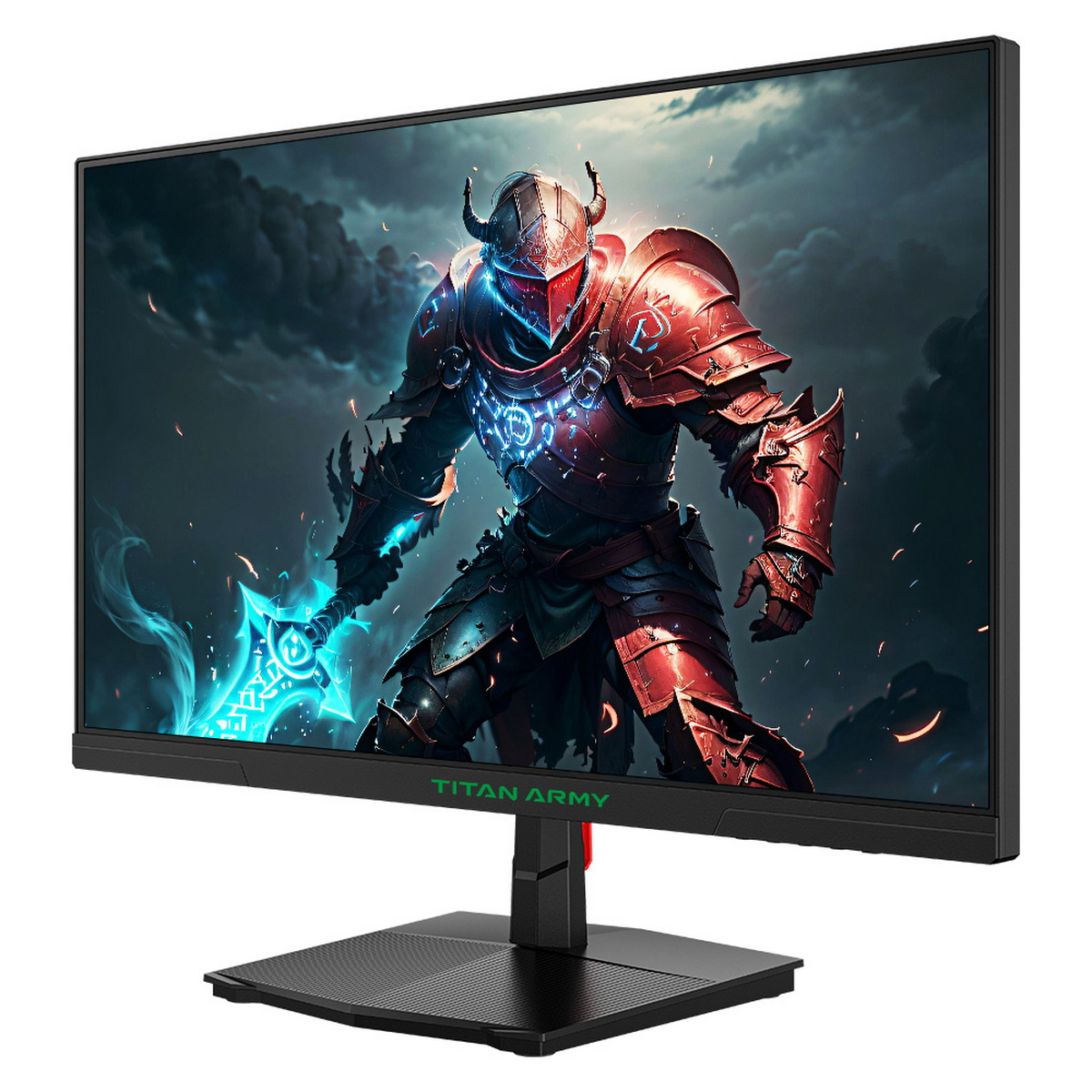 Ein Gaming-Monitor mit Krieger auf dem Bildschirm, schwarzer Basis und Ständer.