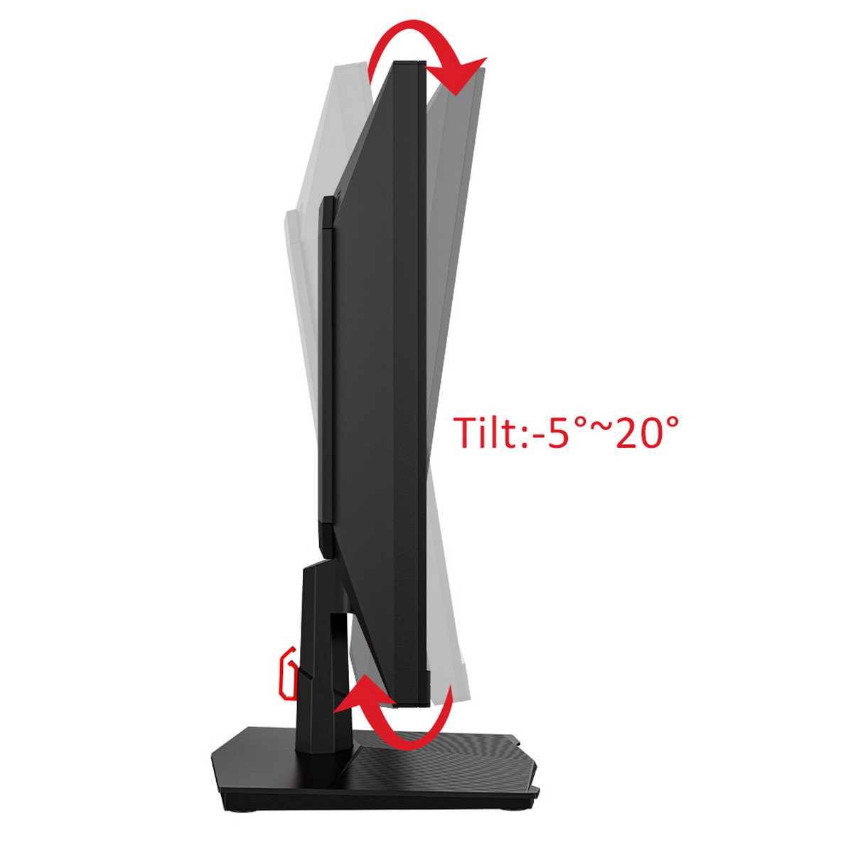 Ein schwarzer Computermonitor auf einem Ständer. Pfeile zeigen den Neigungsbereich von -5° bis 20° an.