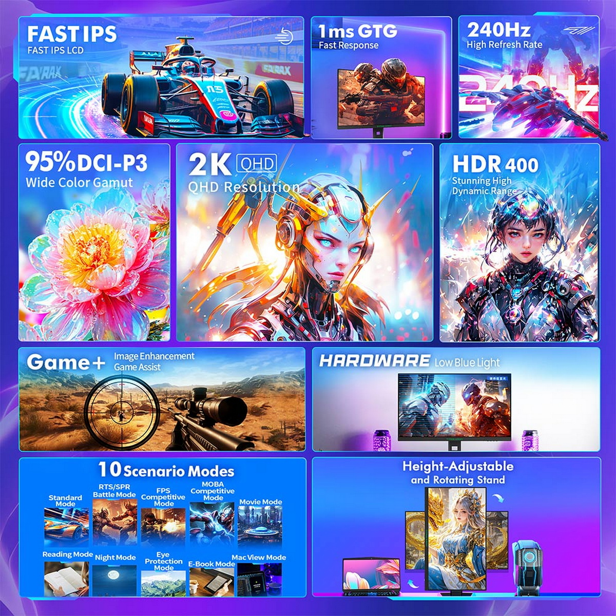 Obraz promocyjny ze specyfikacjami produktu, w tym samochód wyścigowy, ekran gry i portret kobiety.