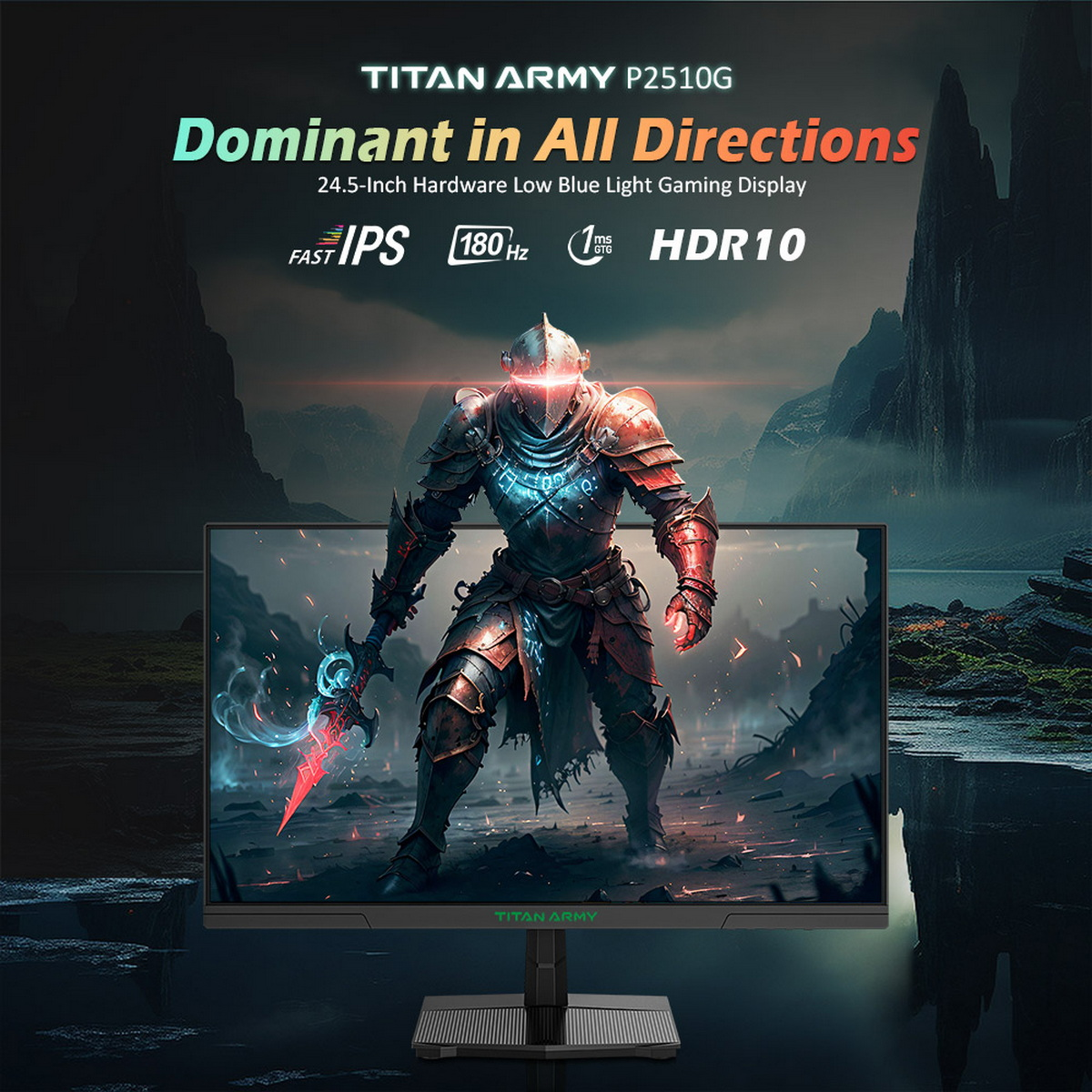 Gaming-Monitor, der einen Krieger mit einem Schwert zeigt. Text: Dominant in All Directions.