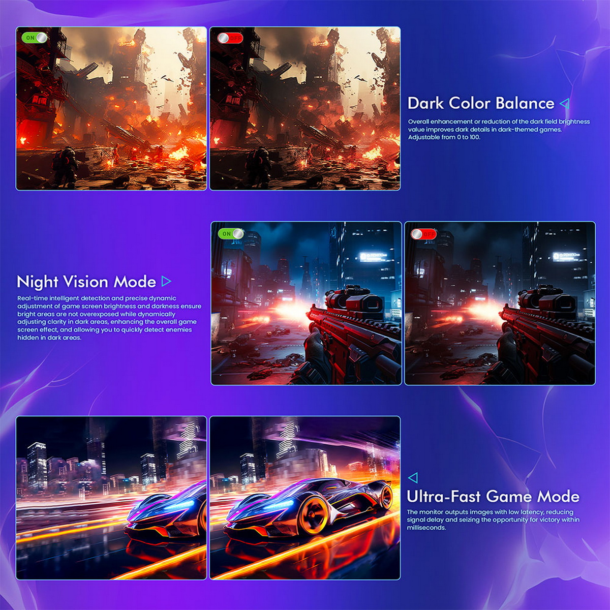 Monitor do gier wyświetla sceny z trybem nocnym, balansem kolorów i ultraszybkimi ustawieniami trybu gry.