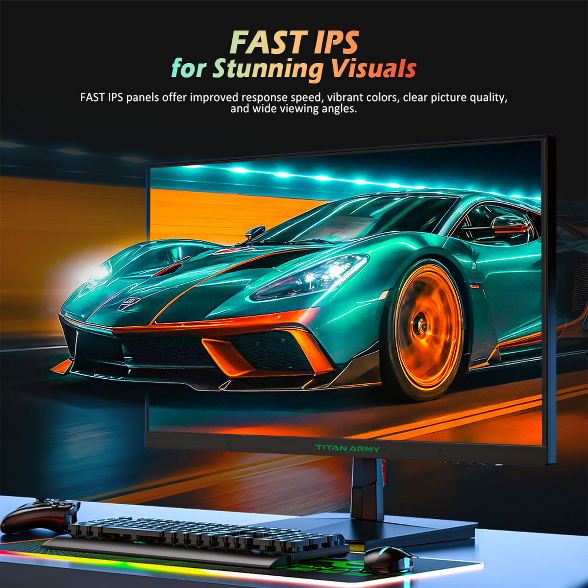 Ein Computermonitor zeigt ein Autorennen-Spiel. Text: 'FAST IPS for Stunning Visuals'.