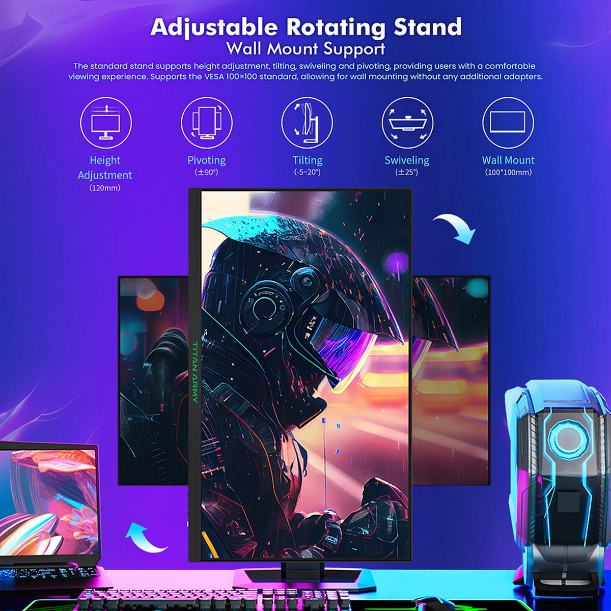 Ein Monitor zeigt eine Grafik. Text: Einstellbarer rotierender Ständer. Icons zeigen Einstellungsoptionen.