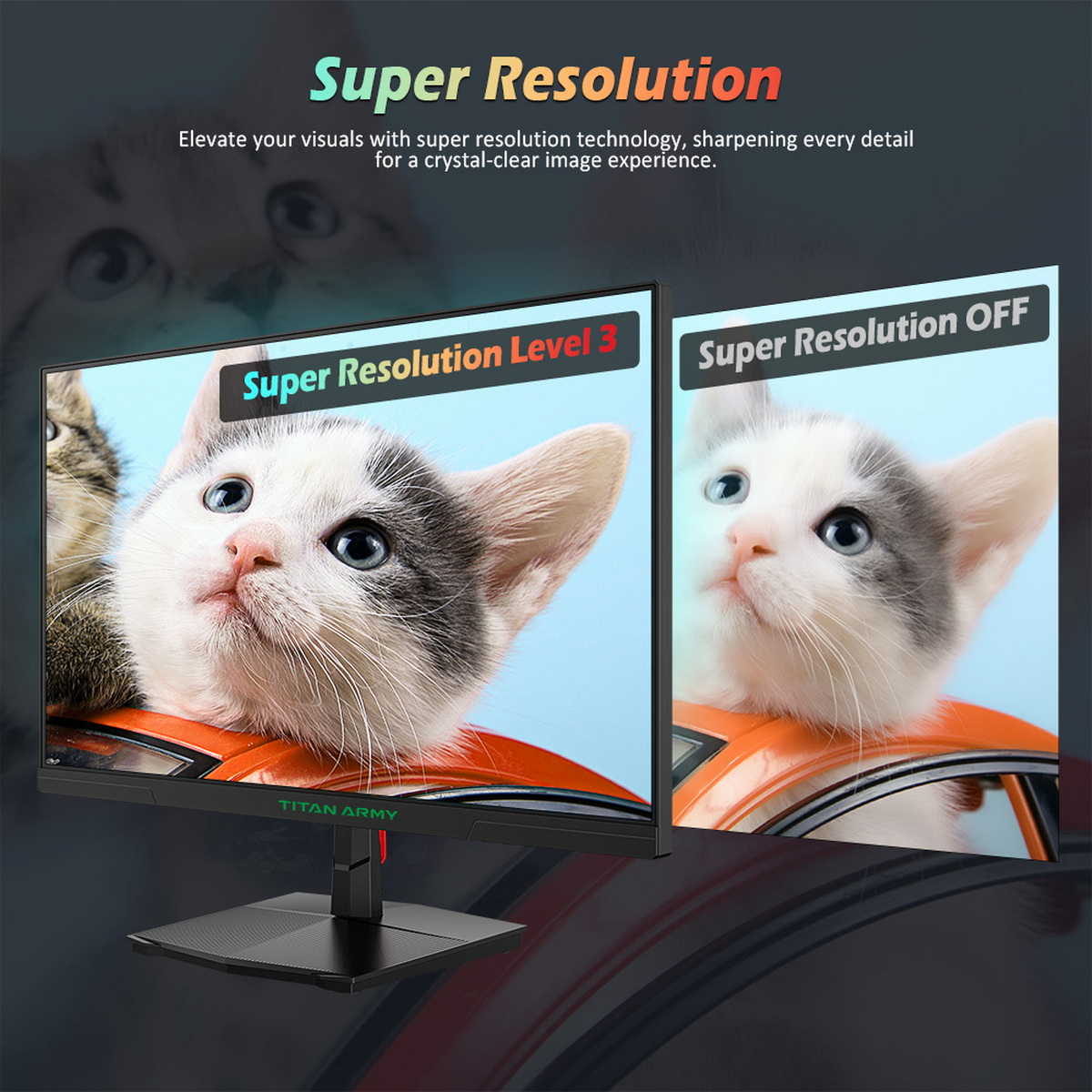 Zwei Monitore mit Kätzchen auf dem Bildschirm. Einer zeigt Super Resolution Level 3, der andere zeigt es aus.