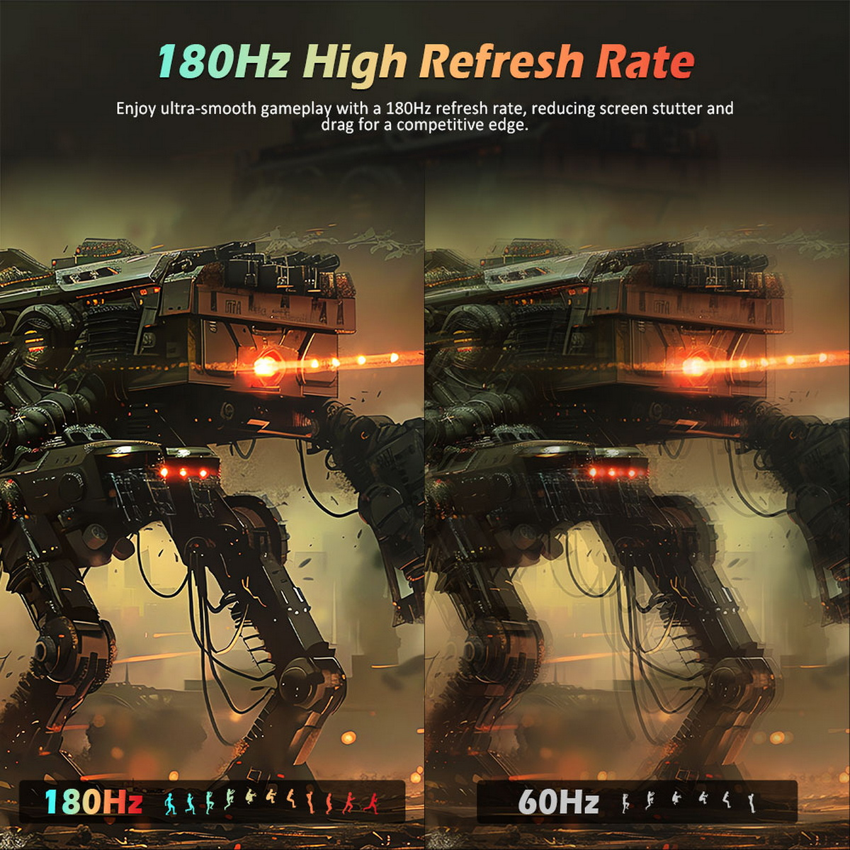 Geteilter Bildschirm einer futuristischen Szene mit Robotern. Links 180Hz, rechts 60Hz. Text: 180Hz High Refresh Rate.