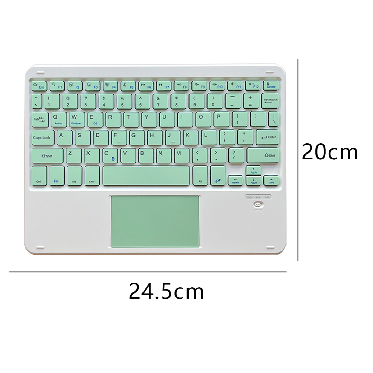 Weiße Tastatur mit grünen Tasten und Touchpad. Maße 24,5 x 20 cm.